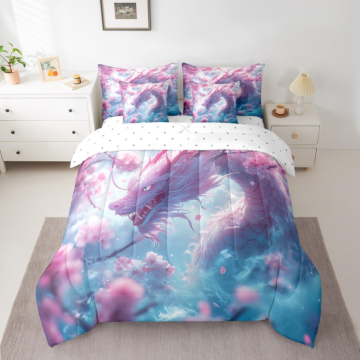Erosebridal Dreamy Dragon Bed in A Bag Cherry Blossom Twin Comforter Set 7 Piece for Kids Boys Girls,Magical Animal Dragon Bedding Set Pink Cherry Blossom Aesthetic Animal Bed Set