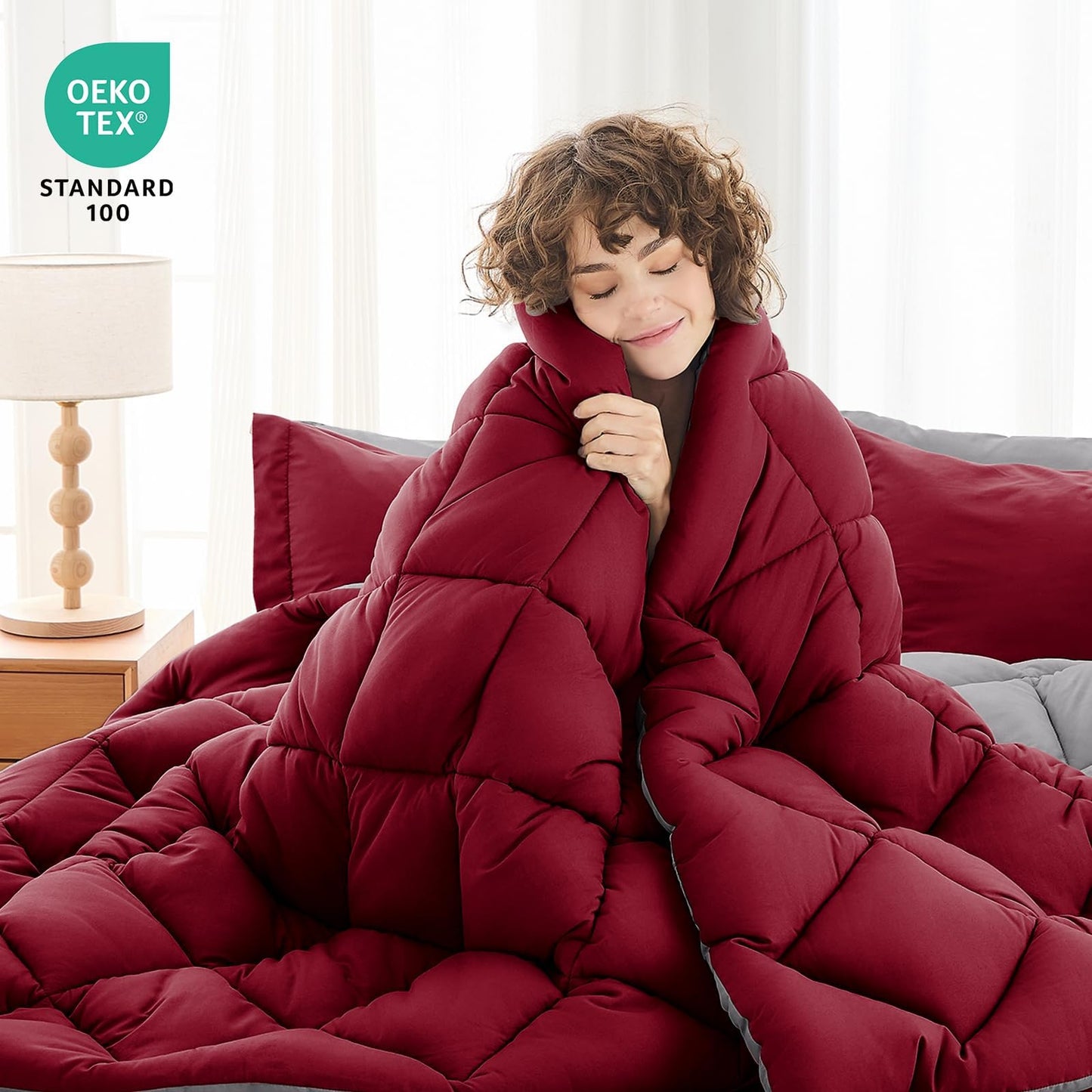 MUXHOMO 7 Pieces Queen Comforter Set, Reversible Bed in a Bag Queen Size, All Season Bedding Set with Comforter, Flat Sheet, Fitted Sheet, Pillowcases & Shams, Burgundy & Grey