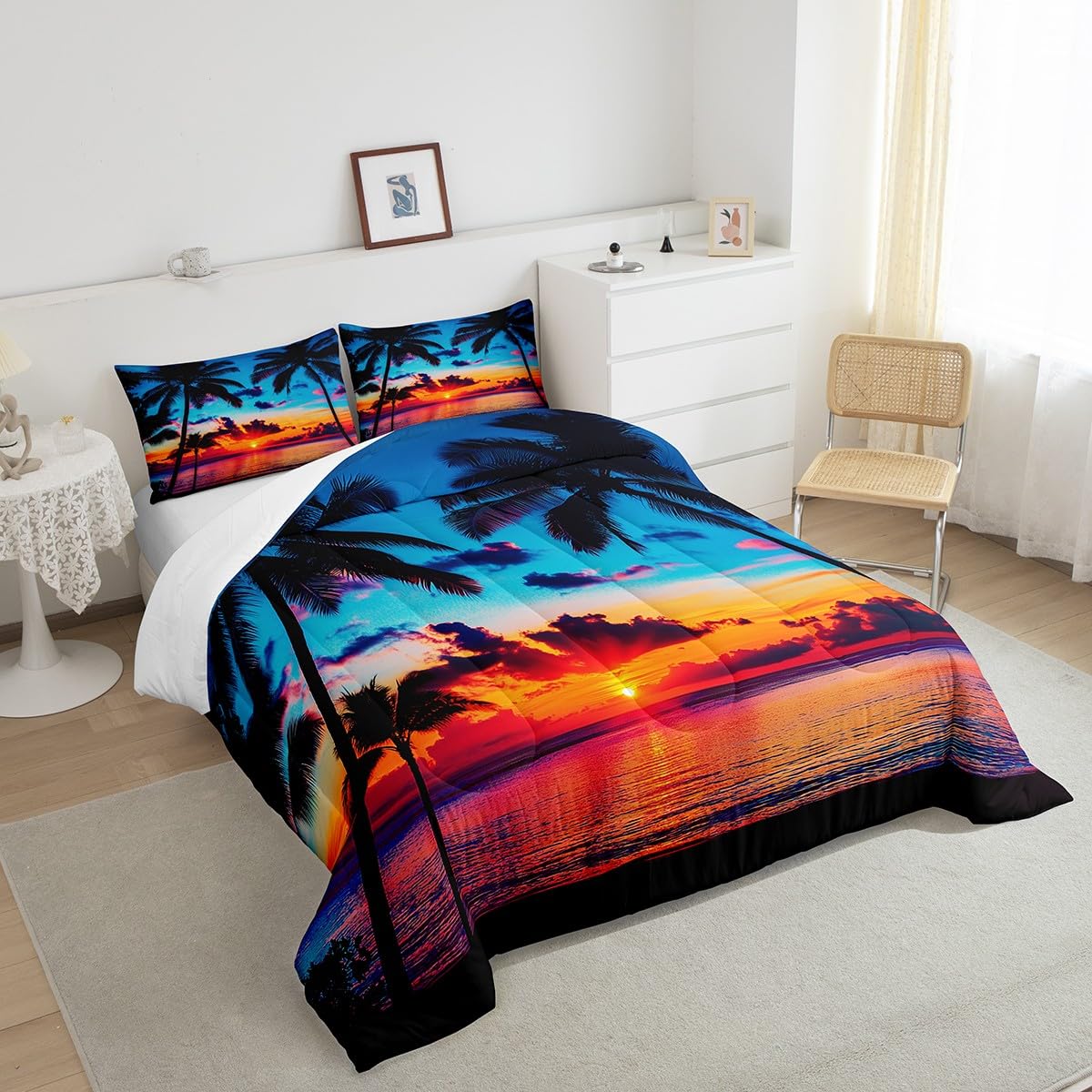 Feelyou Ocean Beach Themed Bedding Set King Size,Tropical Sunset Beach with Palm Trees Comforter Set,Peaceful Sea Marine Palm Tree Comforter Bright Hawaii Style Duvet Set 1 Comforter 2 Pillowcase