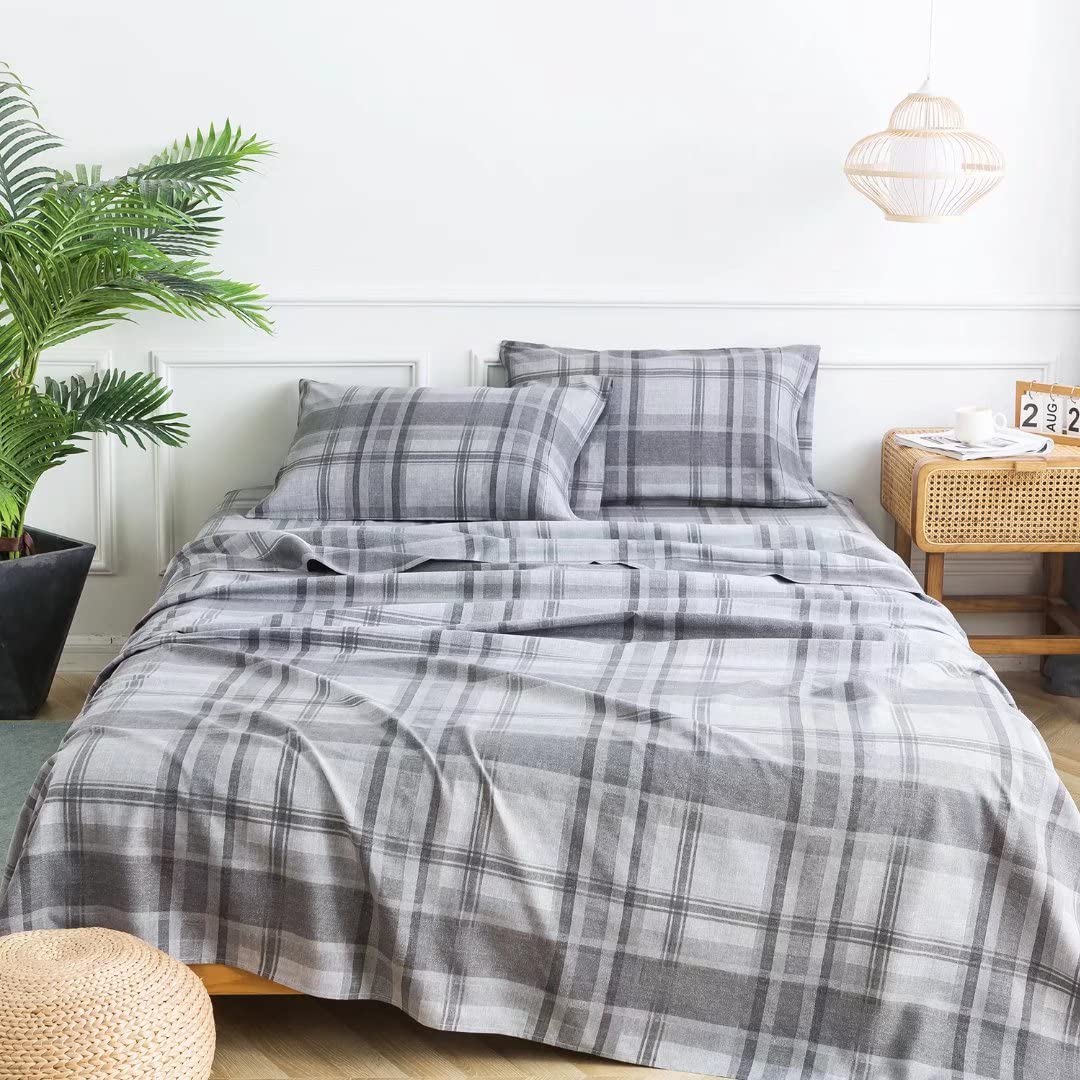 KACEMOO California King Size Bed Sheets Set 4PC - Soft Cooling 1800 Thread Microfiber Count Printed Sheet, 8-17 Inch Deep Pocket Breathes Better, Hypoallergenic, Grey Plaid Patterned Double Bedding