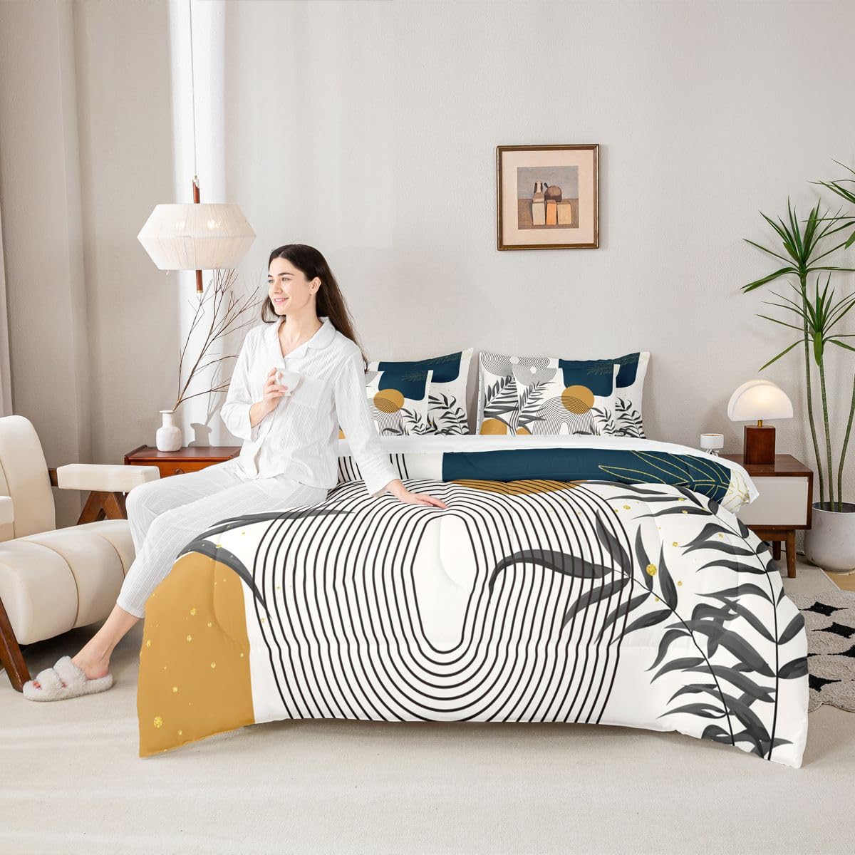 Erosebridal Boho Mid Century Full 7 Pcs Bedding Set, Contemporary Bohemian Minimalist Comforter Set with Sheets, Abstract Geometric Bed in A Bag, Sage Tropical Palm Leaves Retro Elegant Zen Bed Sets