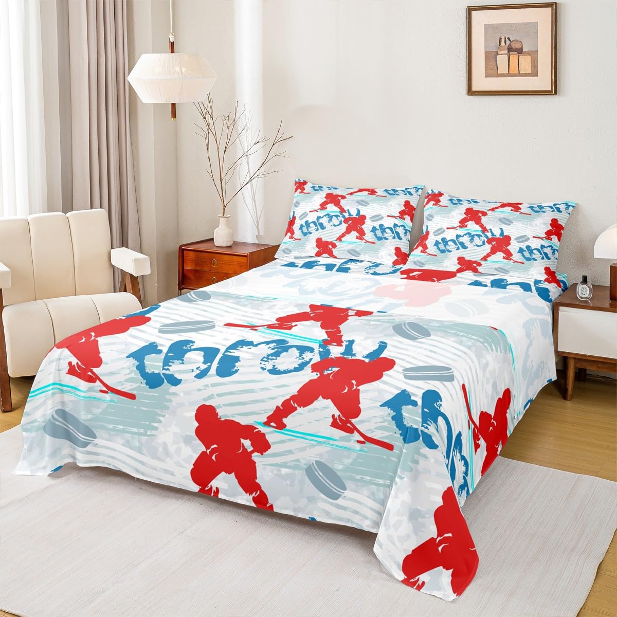 Ice Hockey Kids Sheet Full Size,Winter Event Ball Sport Game Bedding Set for Boys Adults,Athlete Silhouette Graffiti Red Blue Stylish Bed Sheet Set 4pcs(Fitted Sheet + Flat Sheet + 2 Pillowcases)