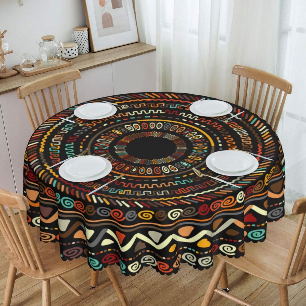 SHADIORA African Tribal Table Cloths, Retro African Abstract Geometric Line Kwanzaa Juneteenth Traditional Ethnic Coffee Table Cover Decor for Kitchen Dining Room Outdoor Home Party, 36" Round