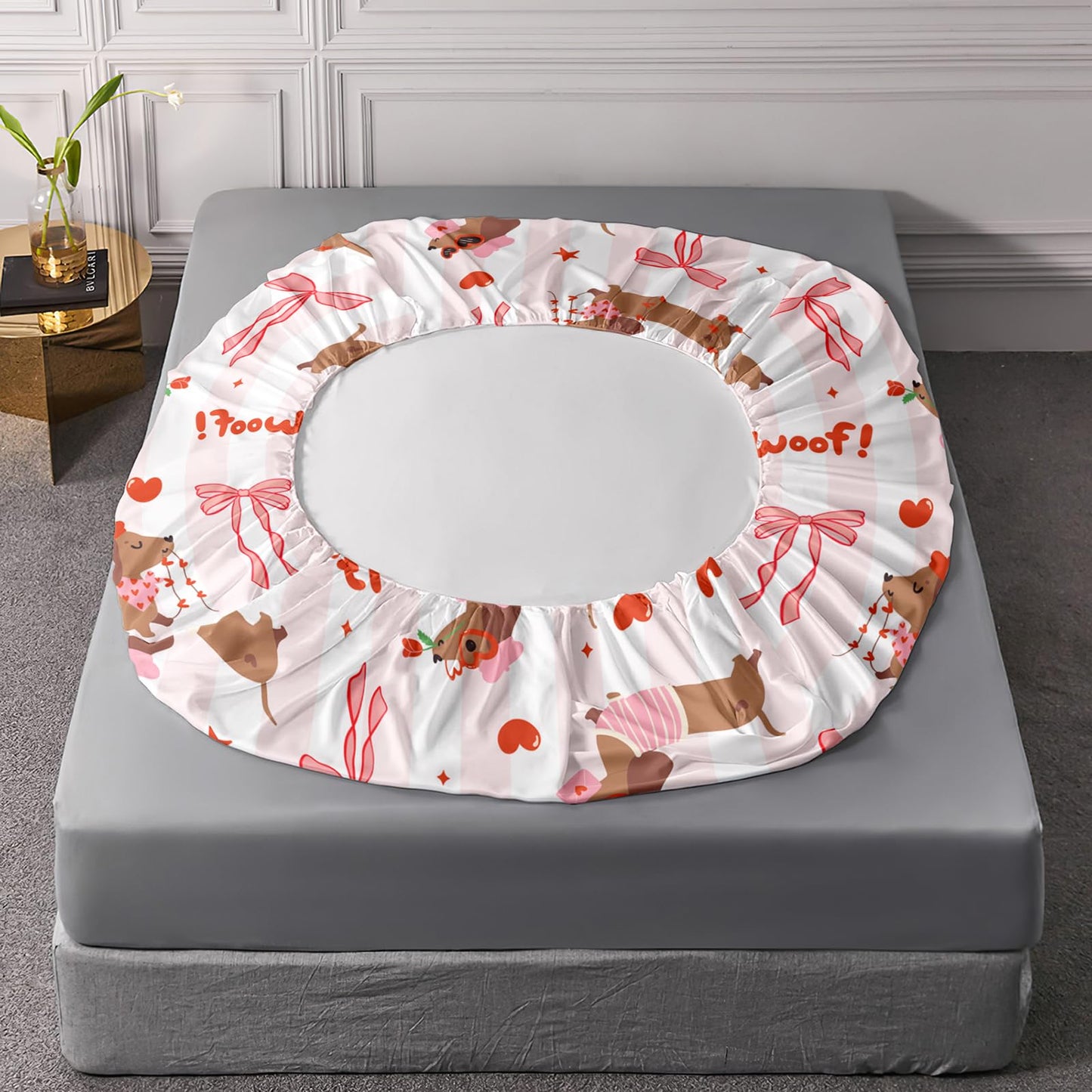 AILONEN Cute Dachshund Dog Themed Full Bedding Set,Pink Bow Heart Sausage Dog Fitted Sheet with 2 Pillowcases,Kawaii Soft Sheet Set