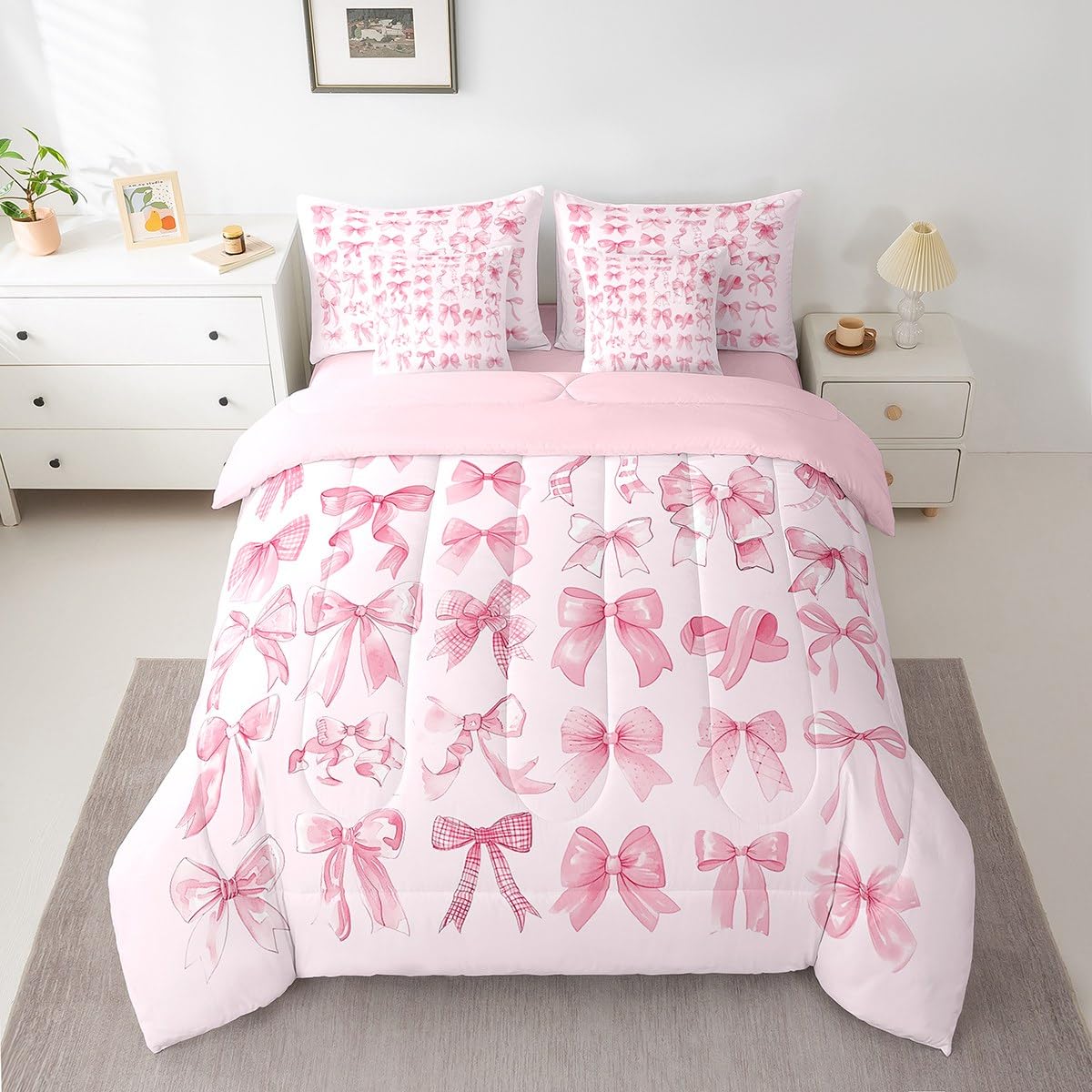 Erosebridal Cute Bow Bed in A Bag for Teen Girl Girly Coquette Bow Comforter Set Twin Pink Modern Fashion Aesthetic 7 Piece Bedding Set Dreamy Fantasy Bowknot Duvet Insert with Flat Fitted Sheets