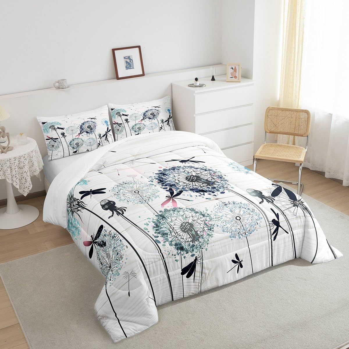 Manfei Dandelion Comforter Set Twin Size, Boho Dragonfly Bedding Set 2pcs for Kids Boys Girls Bedroom Decor, Botanical Floral Quilt Set Rustic Wooden Board Duvet Set with 1 Pillowcase