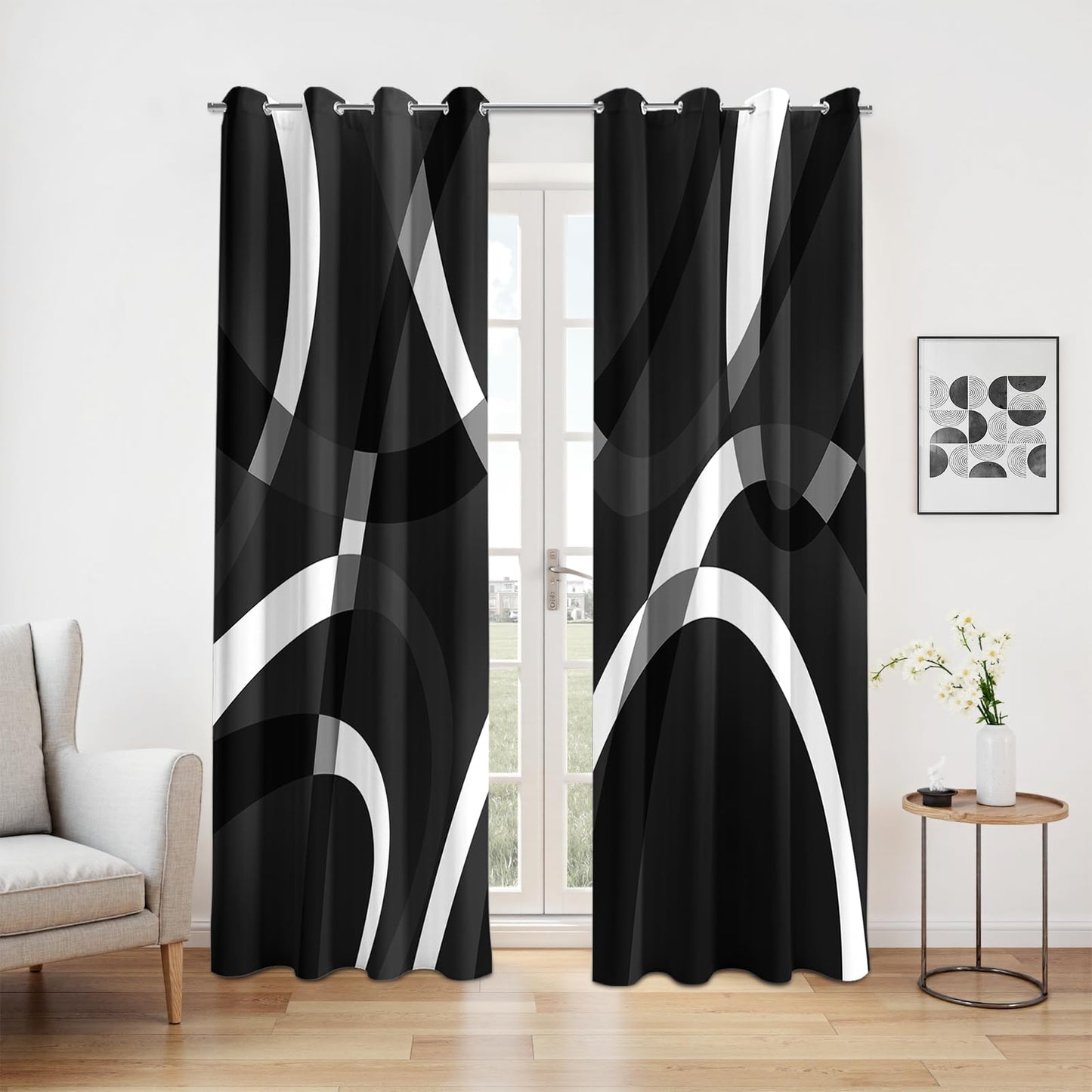 weesire Black and White Blackout Curtains for Bedroom Living Room 2 Panels 100% Blackout Modern Circle Pattern Curtains Abstract Stripe Curtains, 52x84 Inches