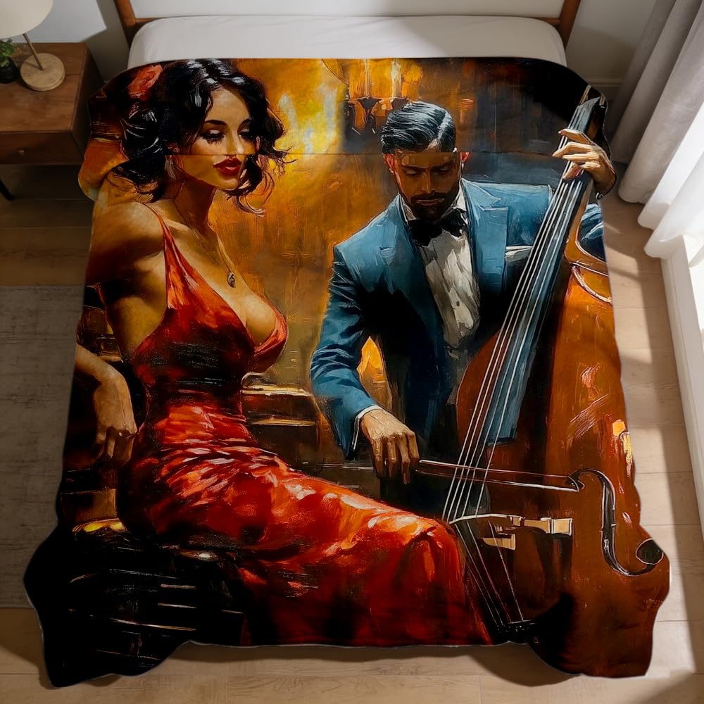 ZHOUSHUTONG African American Music Throw Blanket Black Music Print Super Soft Warm Cozy Flannel Blanket for Couch Bedroom Office Home Decor Gift for Music Lovers 49"x59"