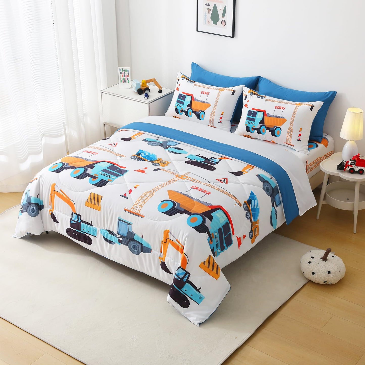 Jameswish 7 Pieces Boys Comforter Set Full Size Excavator Bedding Set Cartoon Car Kids Bed in a Bag Construction Truck Bedding for Children Kids Boys Teens for Birthday Choice