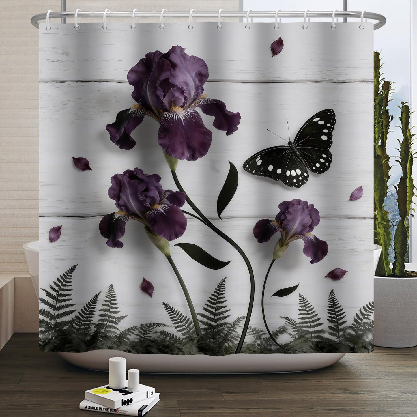 Xiazhilaio 71"x74" Floral & Butterfly Shower Curtain with Hooks – Moody Purple Flower & Botanical Print Waterproof Fabric Bath Curtain for Dark Academia Farmhouse Bathroom Decor