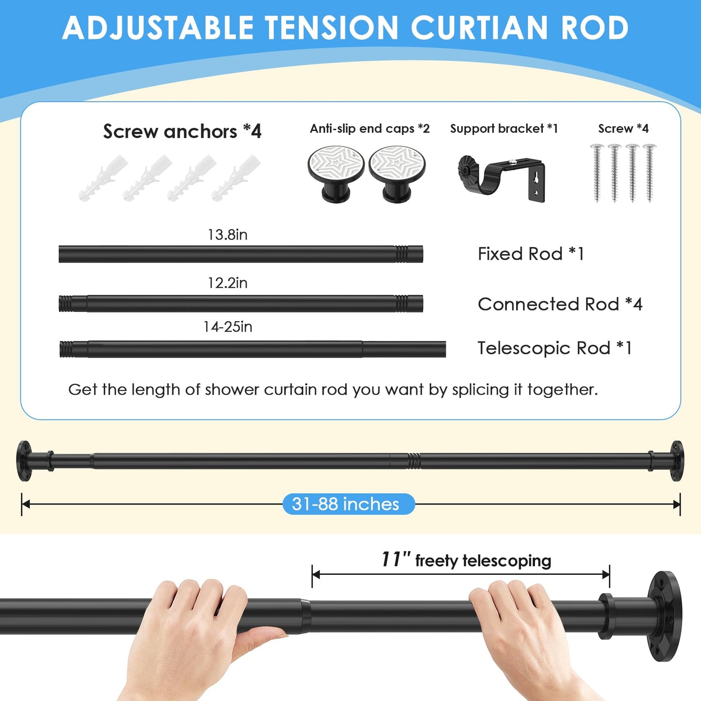 Tension Curtain Rod 31-88 inch Black Shower Curtain Rods for Bathroom Adjustable Curtain Rods No Drilling for Windows Spring Rod for Closet Tension Or Screw Mount Easy Install Non Slip, No Rust