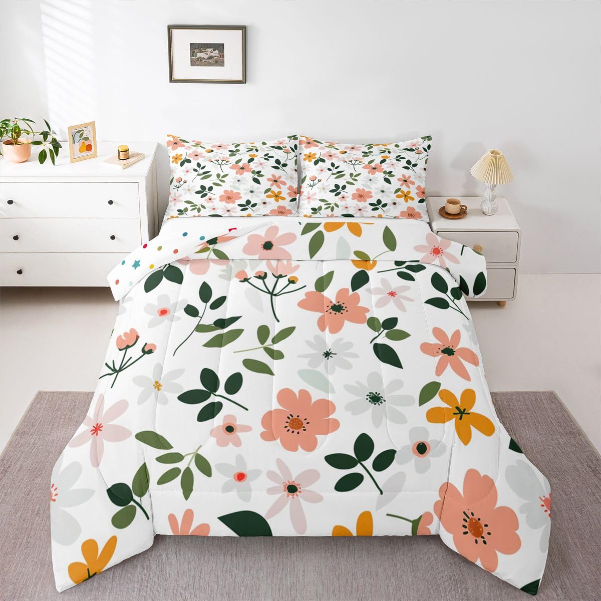 Feelyou Cute Floral Kids Comforter Set Queen Size Cartoon Flower Bedding Set Plant Duvet Quilt for Kids Boys Girls Bedroom Natural Decor Microfiber Ultra Soft Breathable