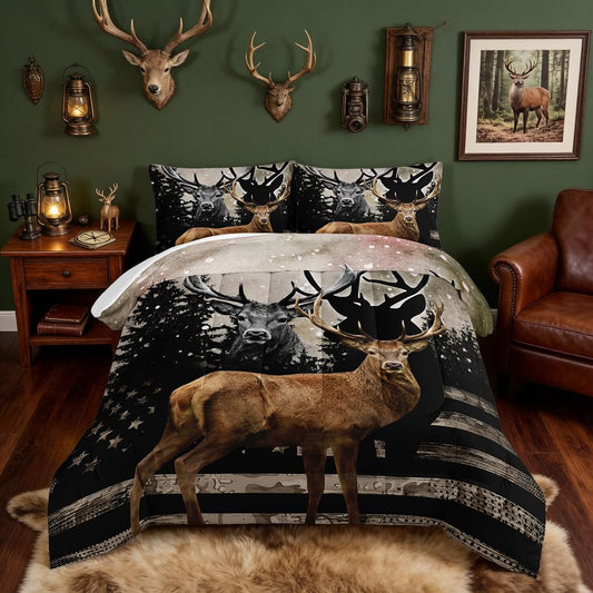 HOSIMA Snowy Forest Deer Comforter Set with 2 Pillowcases,Camo American Flag Comforter Full Size Hunting Bedding Set for Teen Mens Bedroom Essentials,Wildlife Elk Comforter Boys Room Decor.