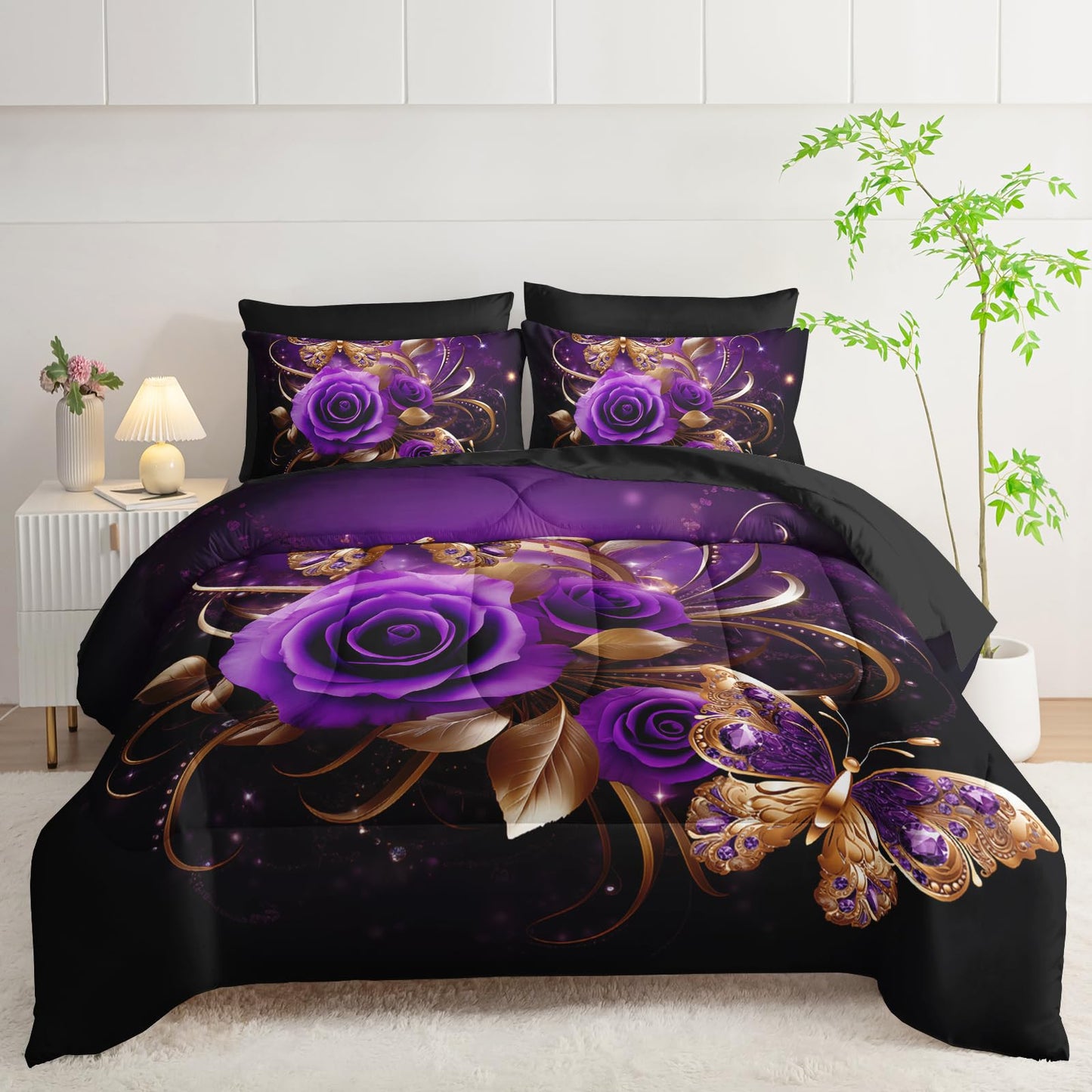 AILONEN Gold Purple Rose Flower Comforter Set Twin - 7Pcs Soft Floral Butterfly Bed in a Bag -Girls Rose Comforter,Fitted Sheet,Flat Sheet,2 Pillowcases,2 Pillow Shams for Women