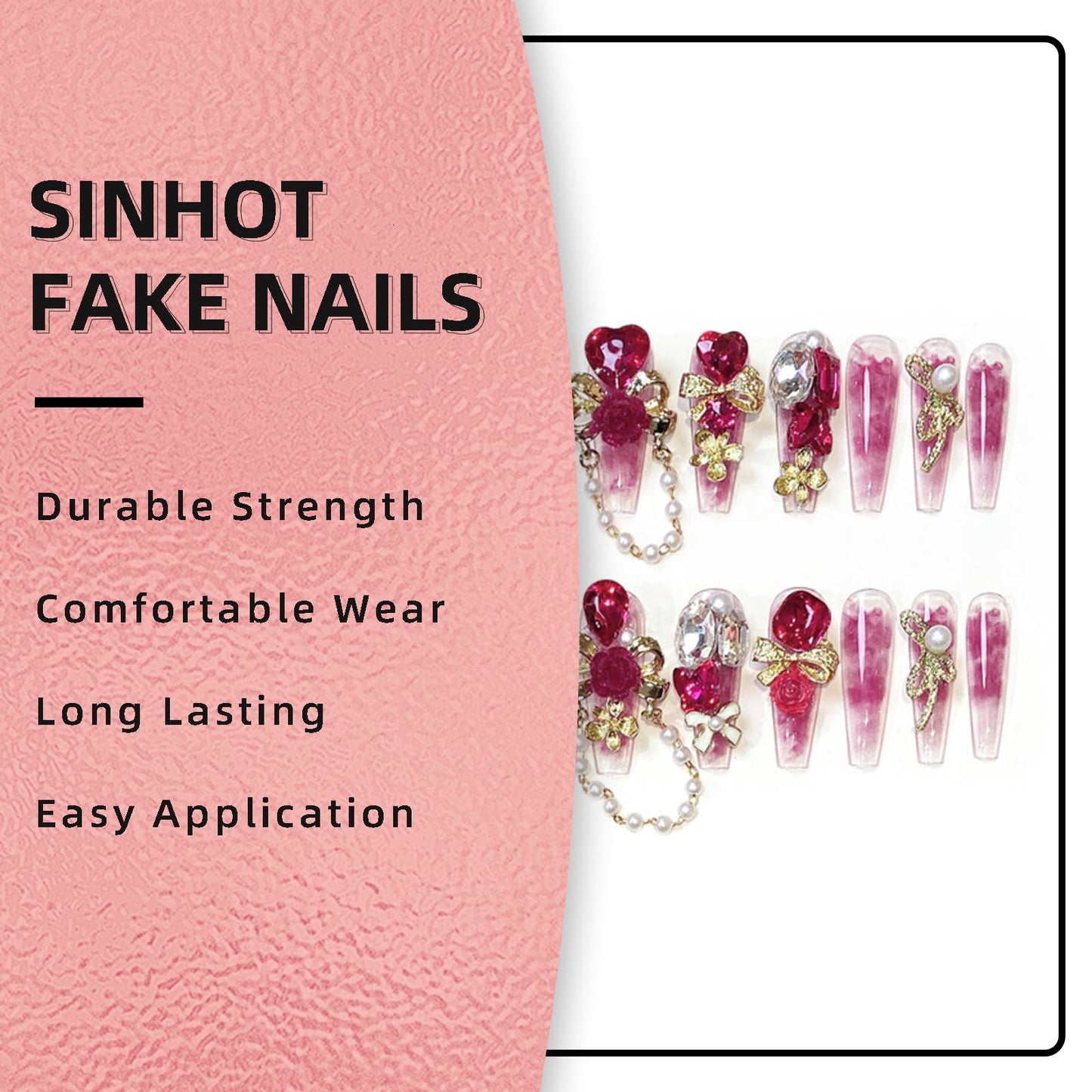 SINHOT Luxury Press on Nails - Long Coffin Fake Nails 3D Handmade Cute Pink Reusable False Nails with Rhinestone Designs,DIY Artificial Nail Art, 24pcs