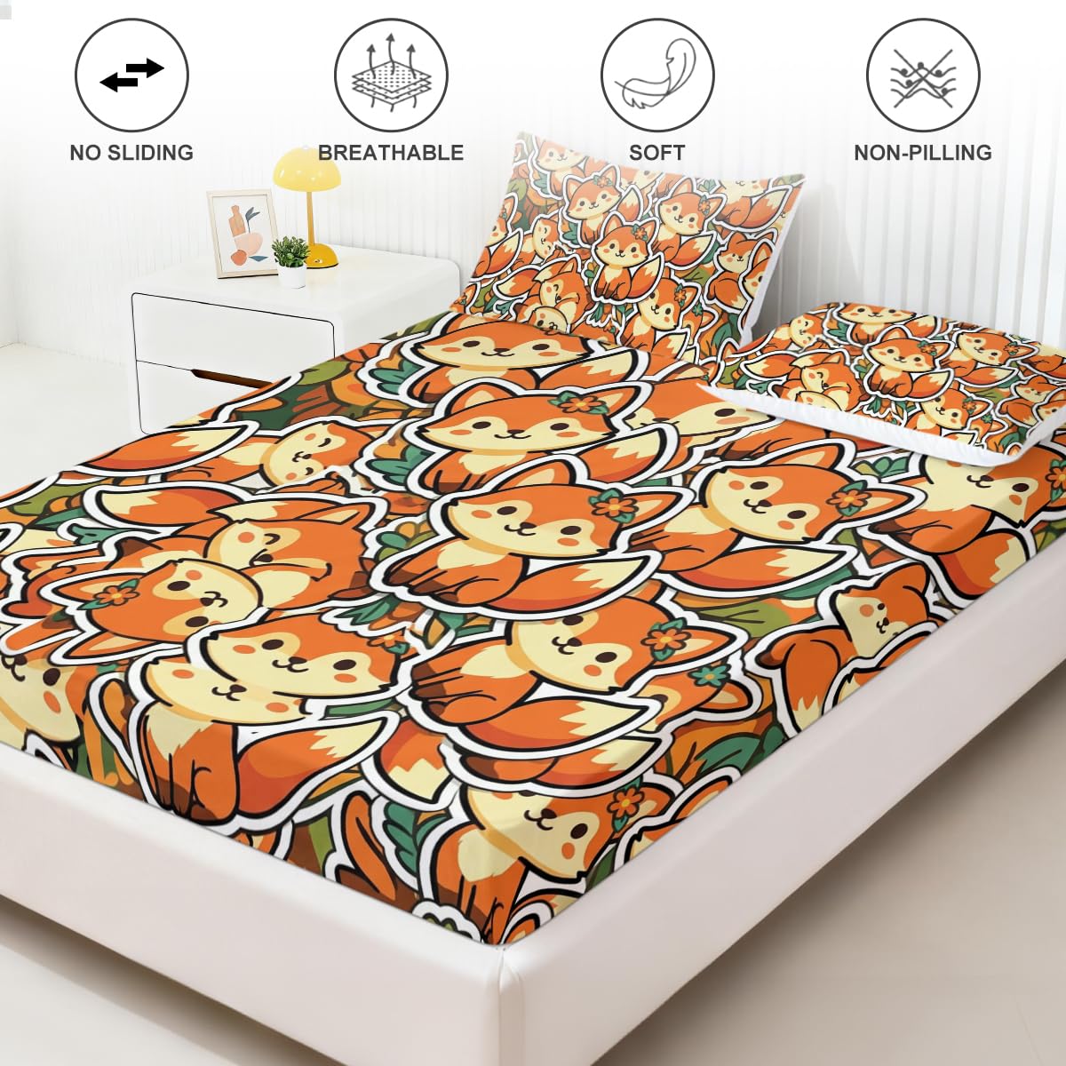 Cute Fox Fitted Sheet Set Twin Size, 3 Pieces Fall Cozy Woodland Animal Bedding for Bedroom Decor, Warm Orange Cartoon Fox Microfiber Deep Pocket Bed Sheets with 2 Pillowcases (No Flat Sheet)