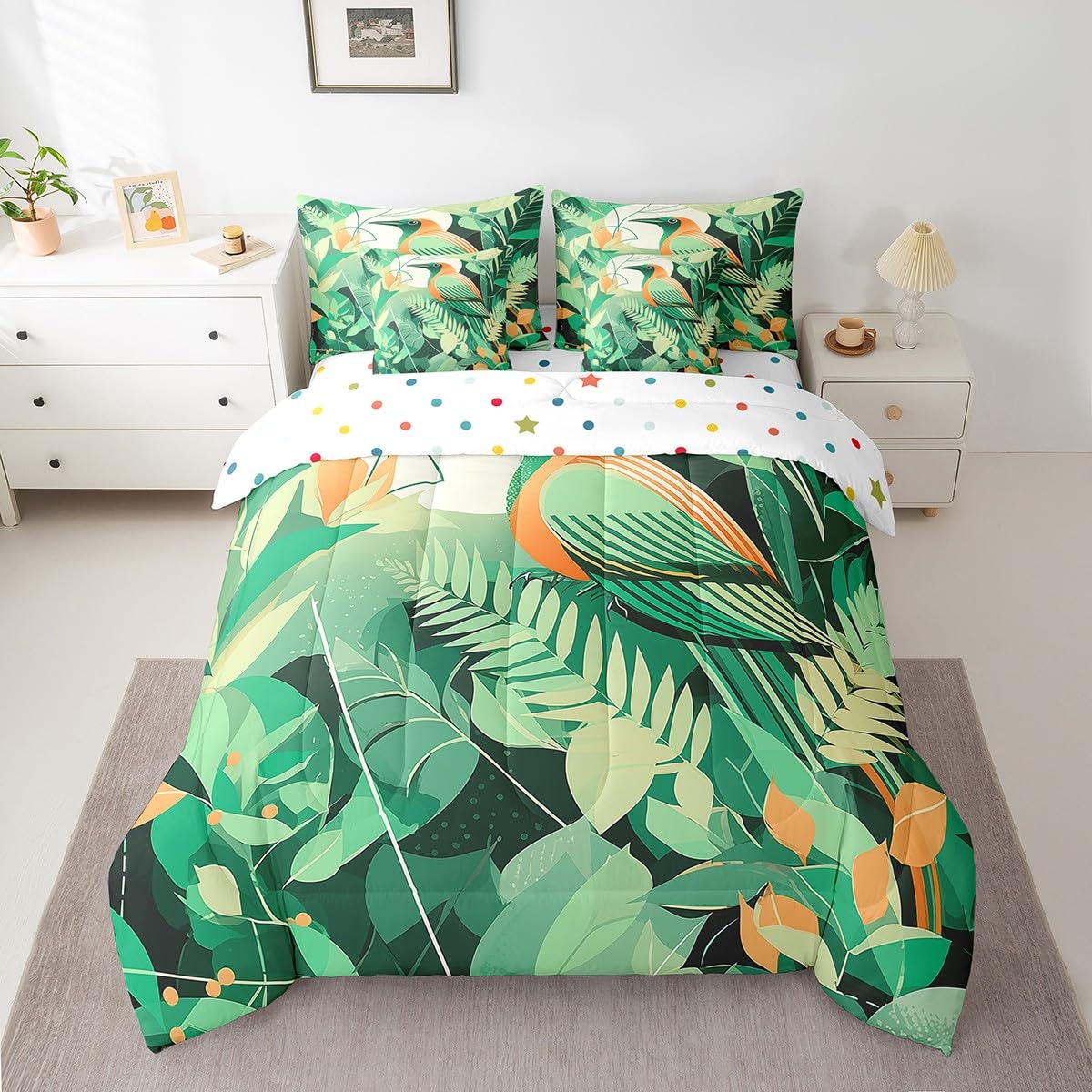 Erosebridal Cartoon Toucan Bedding Set King Size, Palm Leaf Plant Comforter Set, Summer Hawaiian Tropical Kids Teens (Comforter+Fitted+Flat Sheet+2 Pillowcases+2 Throw Pillow Covers) 7 Pieces Bed Set
