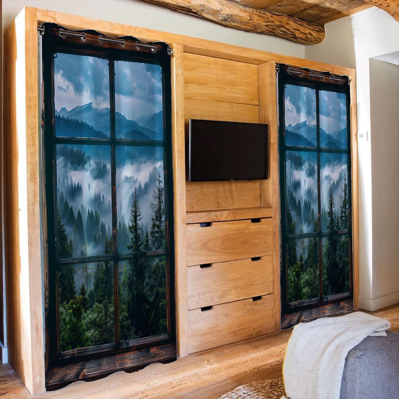 Chaohuan Misty Forest Landscape Door Curtain for Doorway, Wooden Forest Mountain Rustic Room Divider Curtain for Kids Boys Girls Teens Bedroom Living Room 1 Panel 34" W X 80" L
