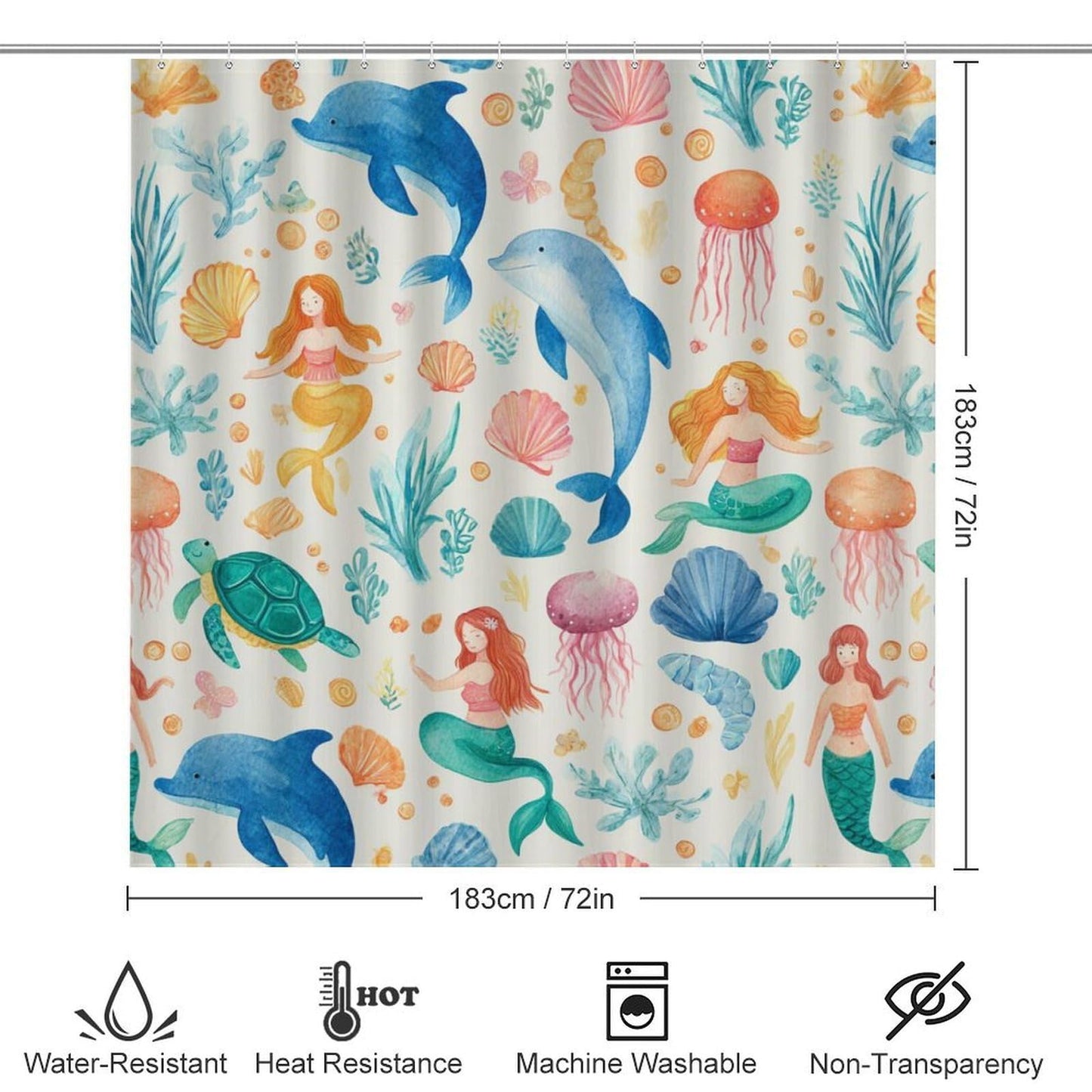 INSFBRB Cute Watercolor Dolphin Shower Curtain Sets with Rug,Toilet Lid Cover and Bath Mat,Cartoon Funny Ocean Mermaid Seashell Wildlife Jellyfish Sea Turtle 4 Piece Bathroom Set