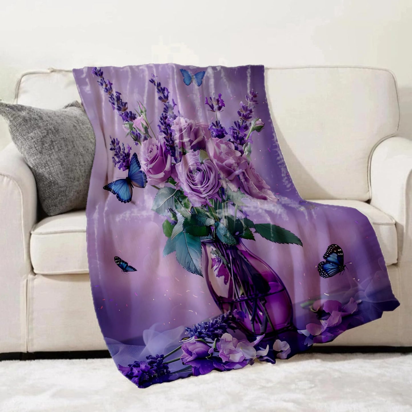 Turamurra Purple Rose Bouquet Throw Blanket Gifts for Kids Women, Lavender Roses with Butterfly Floral Blankets for Couch, Bedroom, Living Room Home Decor, Fuzzy Warm Flannel Plush 50"x60"