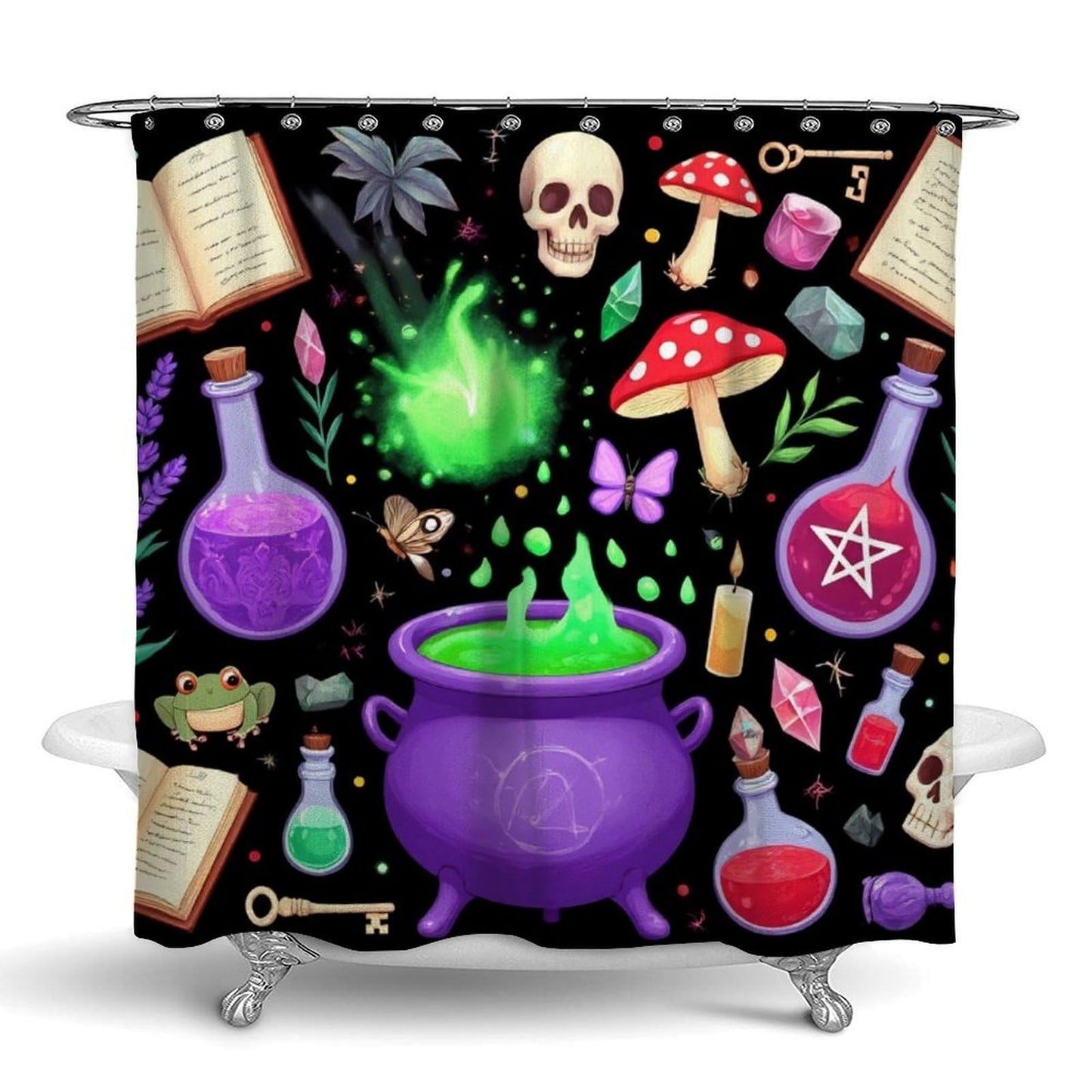 Meaudiwes Fashion Lightweight Shower Curtain Waterproof Bathroom Shower Curtain with 12 Hooks Witch Witchy Mushroom Skull Goth Gothic Black, 72"x 70"