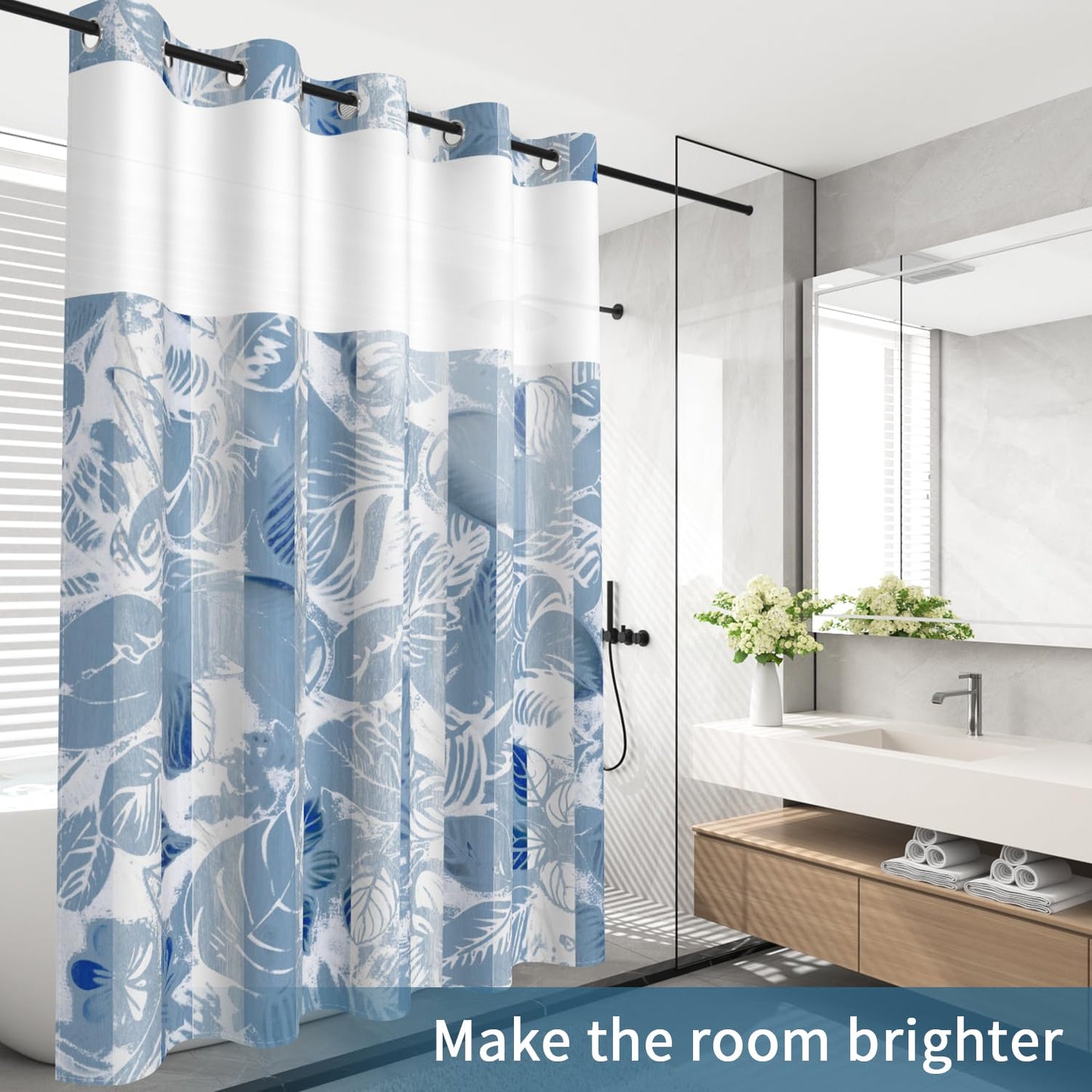 NAEMBCU Blue Striped No Hook Shower Curtain with Snap in Liner Set 71x74in