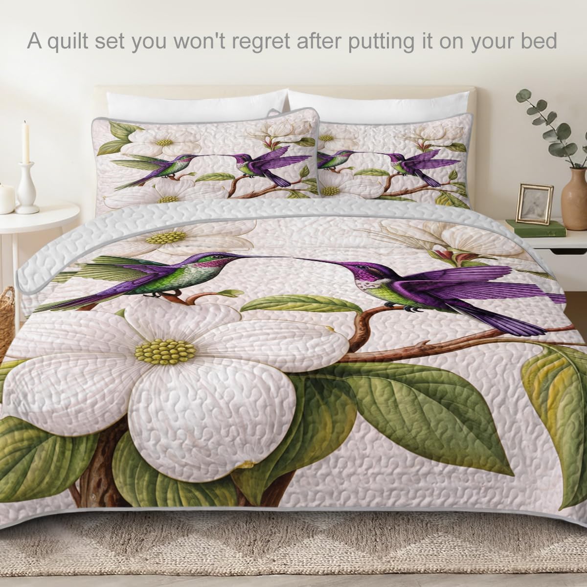 ARIGHTEX Flower Bird Quilt Set Queen Size Magnolia Couple Hummingbird Floral Bedding Set Lightweight Botanical Quilt Soft Microfiber Bedspread Romantic Coverlet Set with Shams