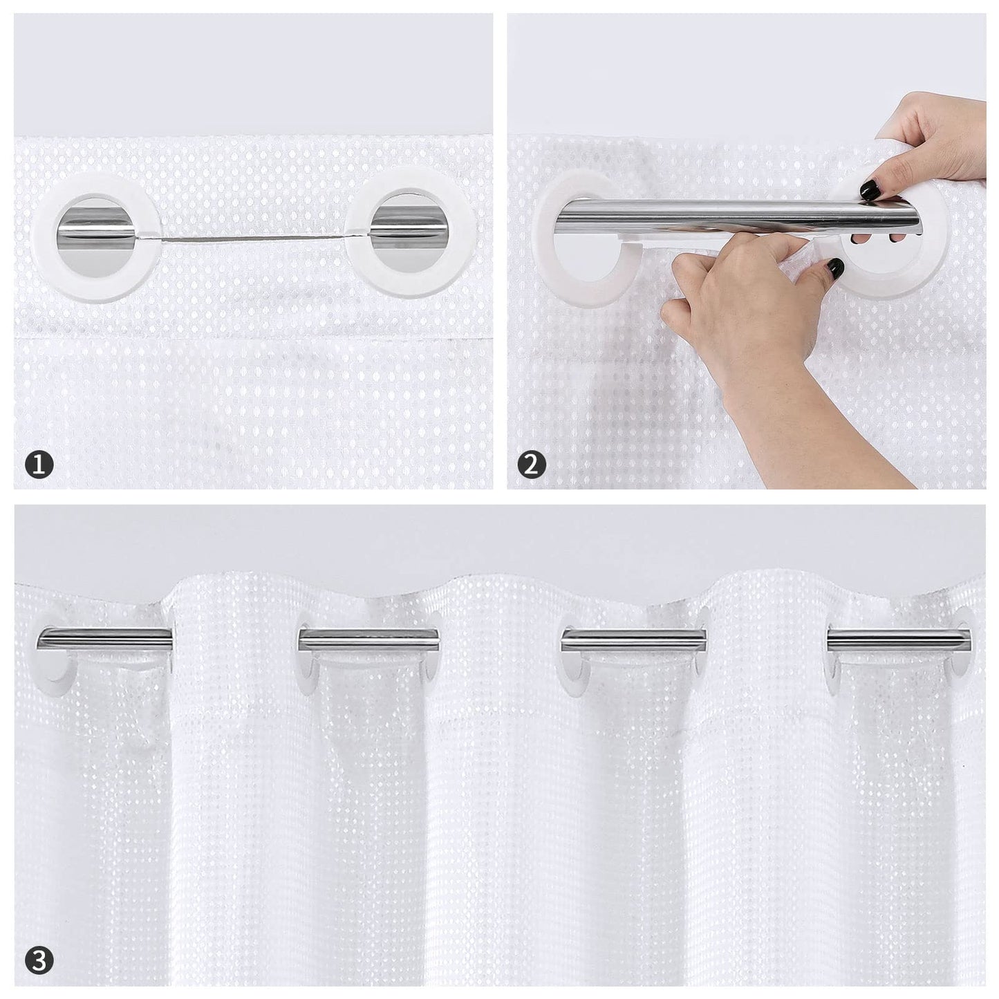 MitoVilla No Hooks Need White Waffle Shower Curtain Liner Set, Modern Waffle Weave Fabric Shower Curtains with Snap-in Liner for Luxury Hotel Grade Spa-Like Bathroom Decor, 72 x 74