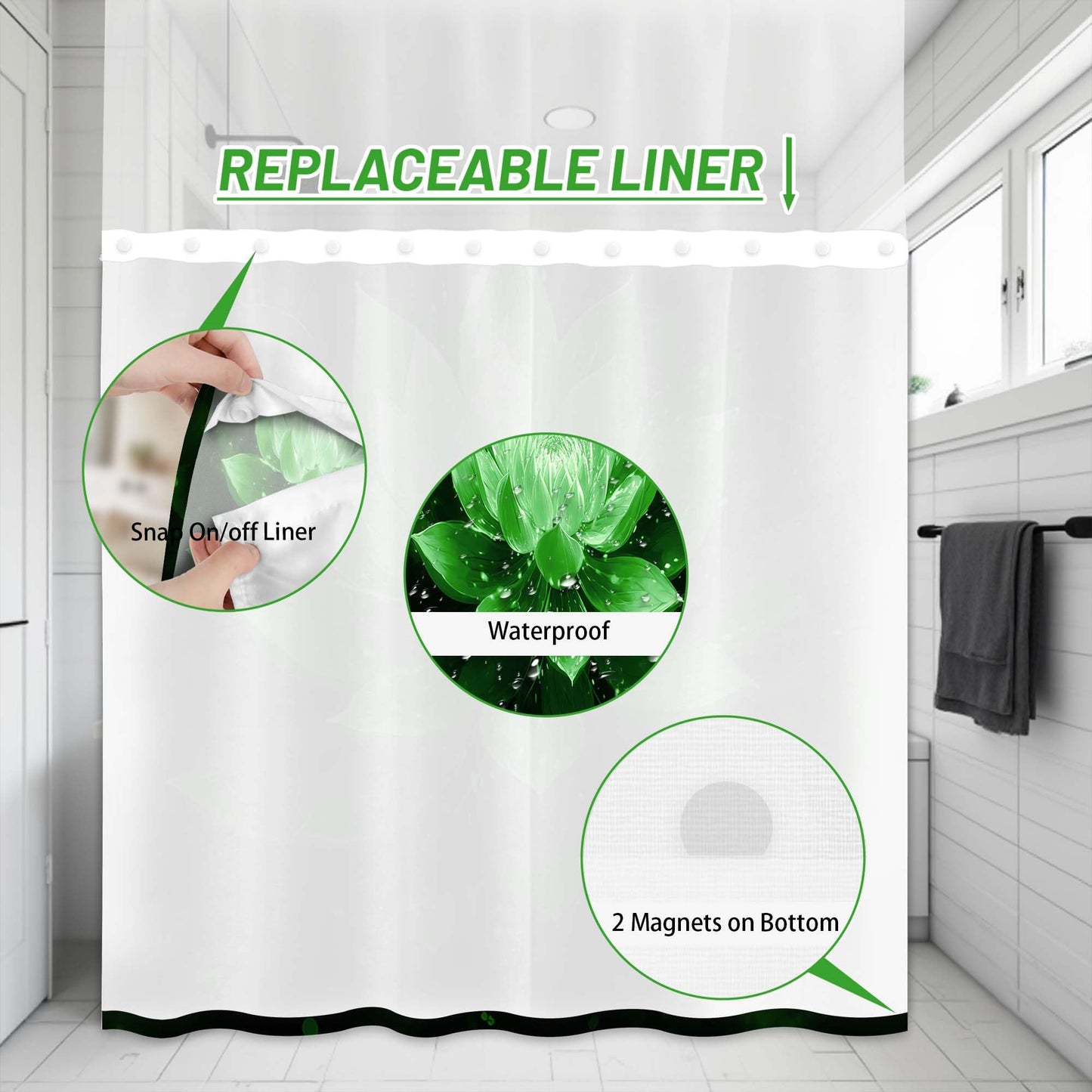 Lotus Hookless Shower Curtain with Liner, Black and Green Floral, 71"x74"
