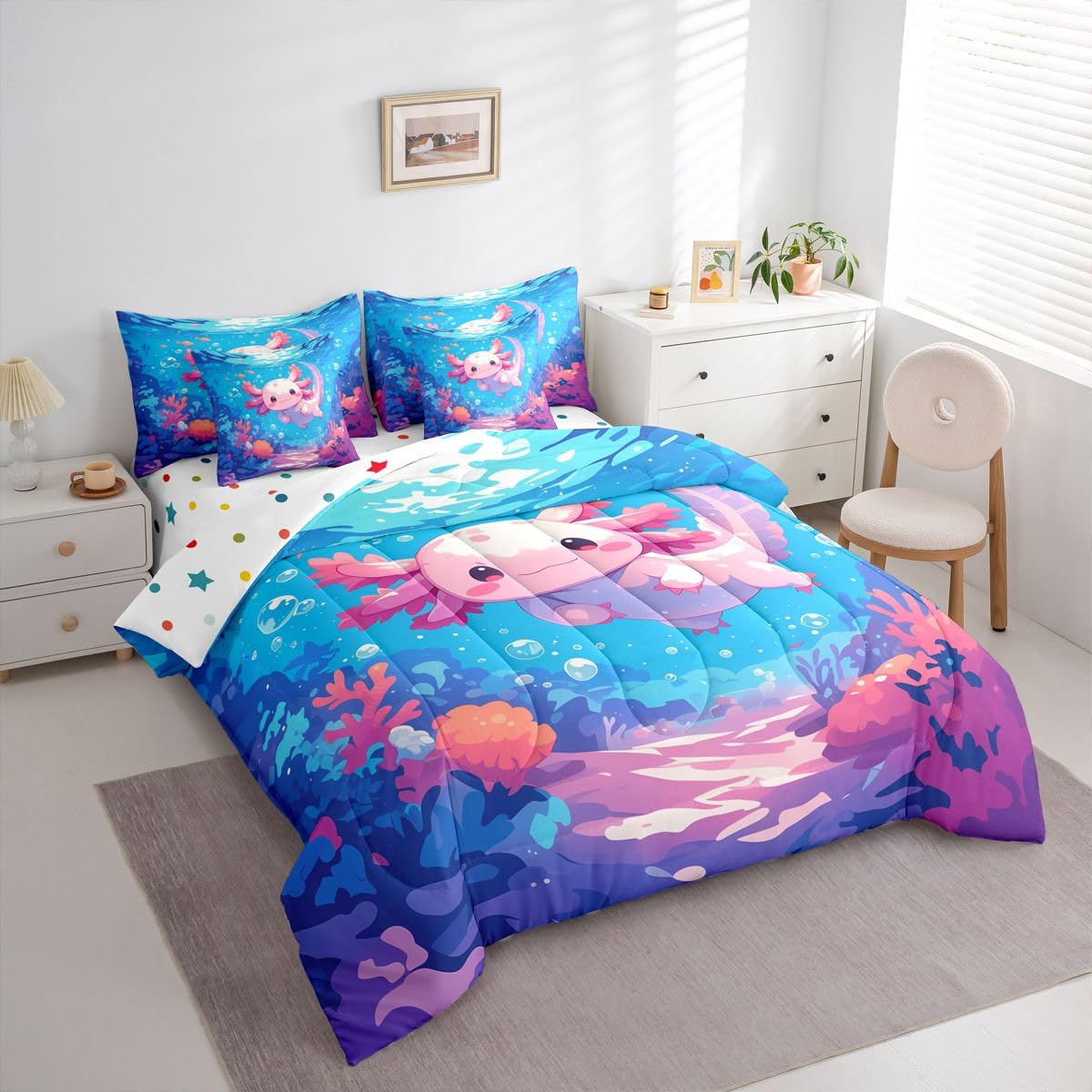 Erosebridal Axolotl Girls Pink Blue Ombre 7 Piece Bedding Set Twin | Cartoon Ocean Sealife Comforter Set with Sheets Cute Salamander Bed in A Bag Coral Kawaii Bed Sets