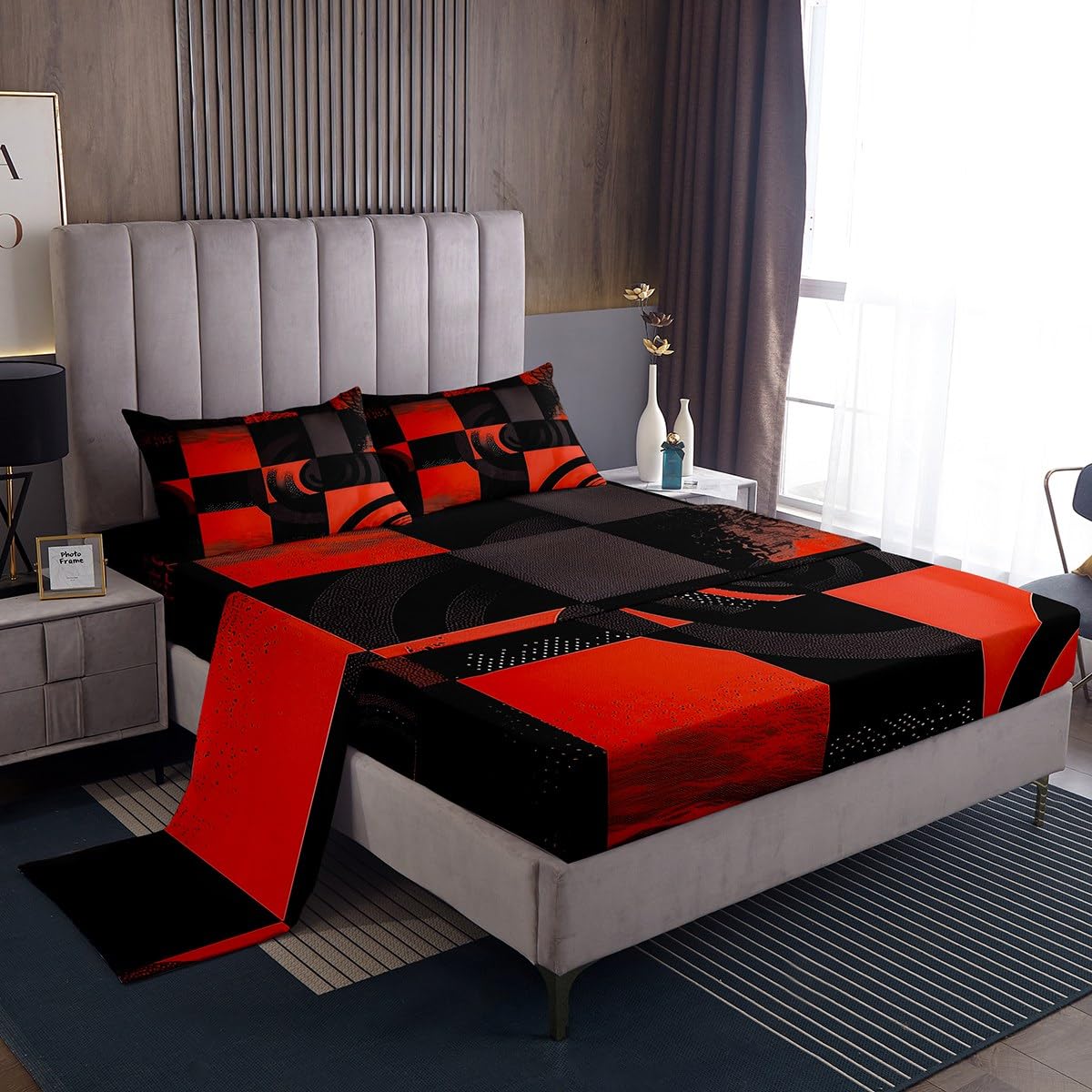 jejeloiu Black and Red Bed Sheets Set Twin Size Abstract Bed Set for Kids Boys Girls Deep Pocket Fitted Sheet Plaid Breathable Soft Lightweight Microfiber