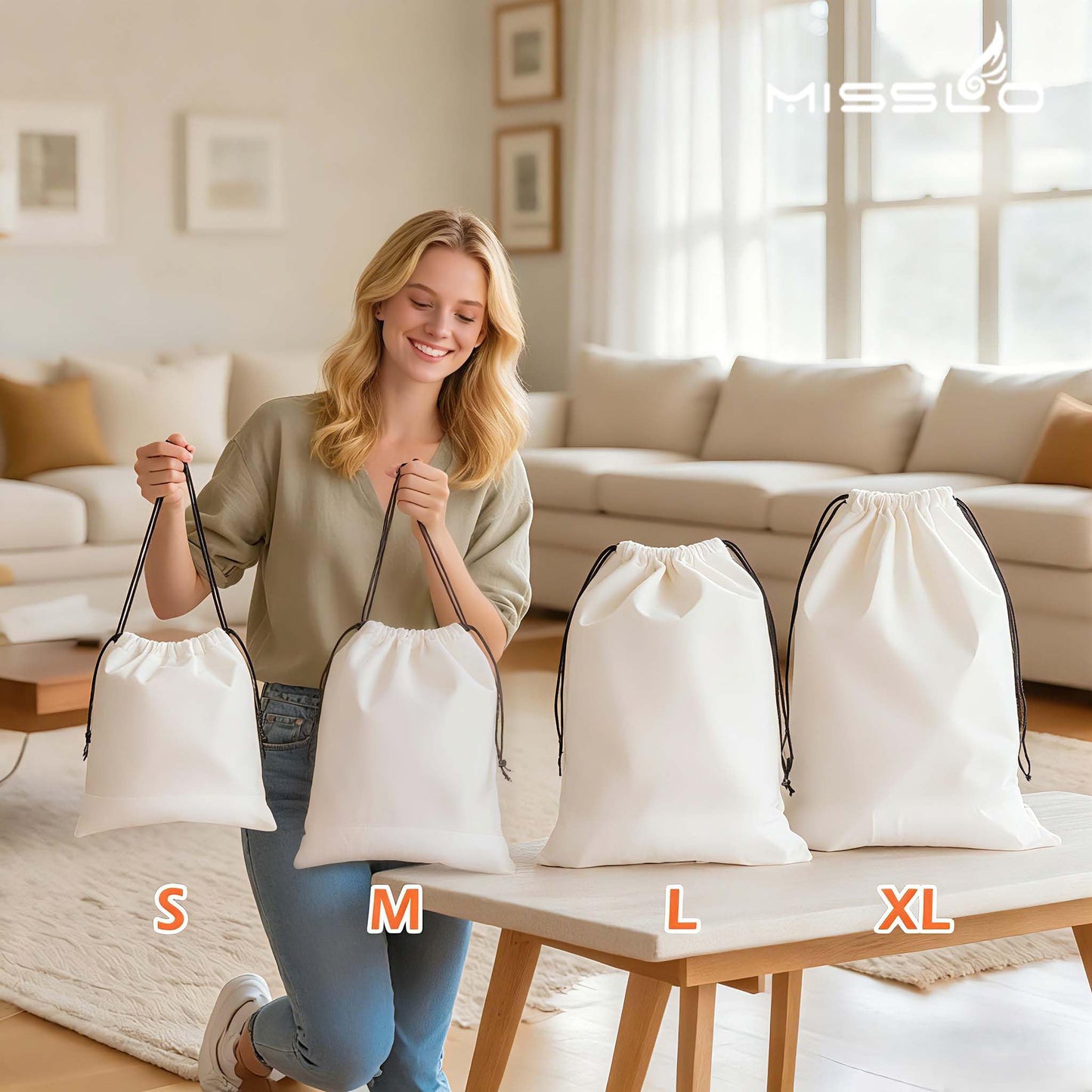 MISSLO Cotton Breathable Dust-proof Drawstring Storage Pouch Bag (Pack 3 L)