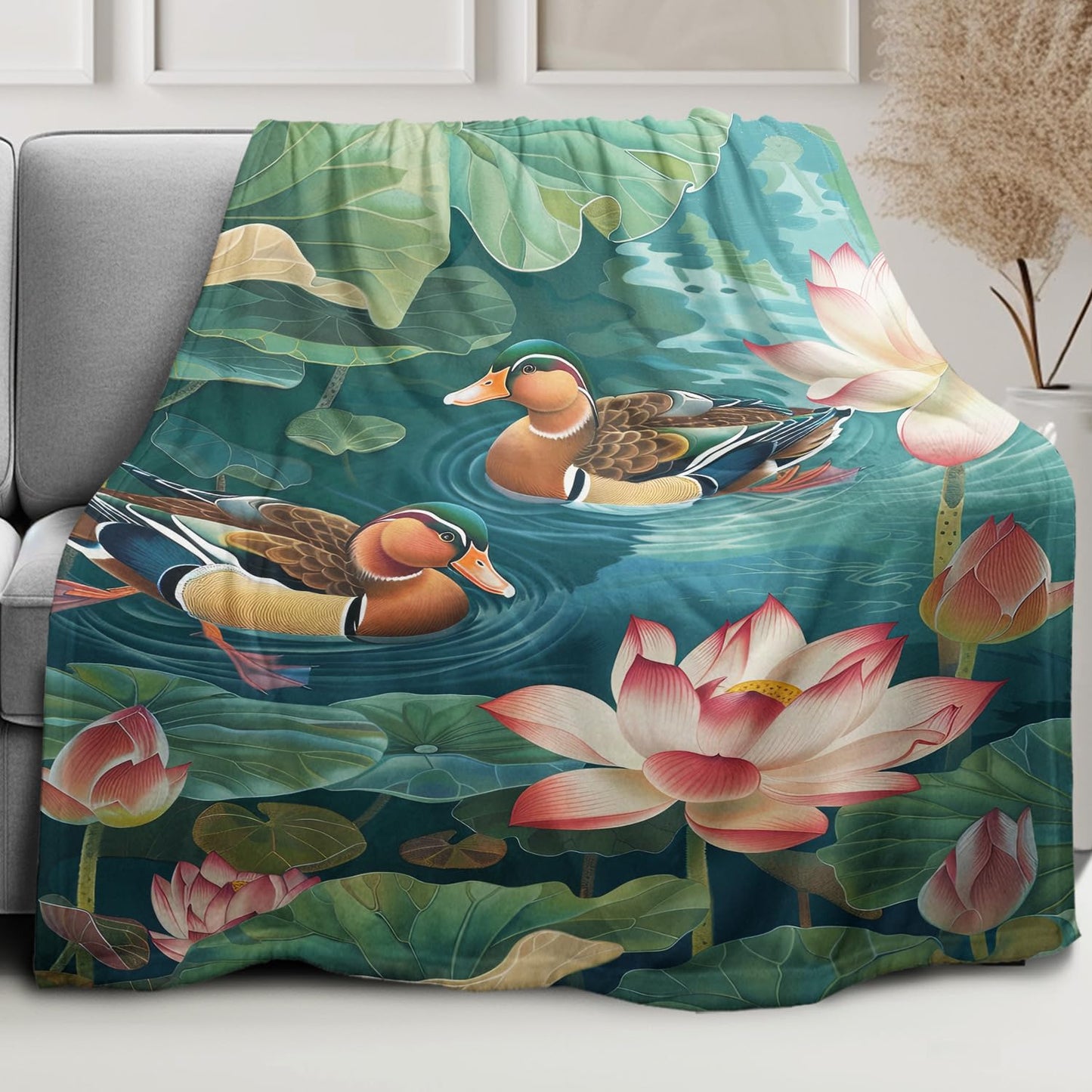 Lotus & Mandarin Ducks Blanket, Traditional Art Home Decor, Super Soft Fleece Throw Blankets for Couch Sofa Bed, 60" x 80"