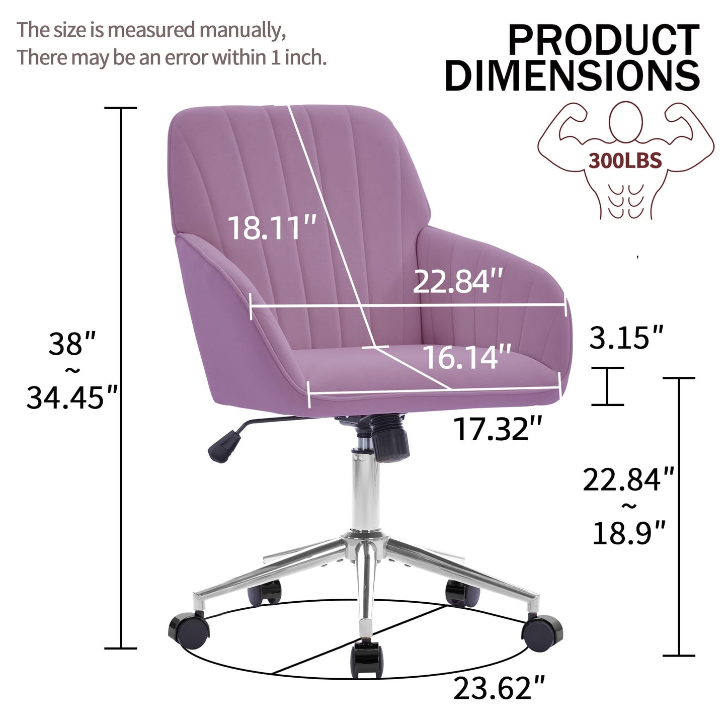 YITAI Velvet Office Desk Armchairs with Silver Base and Wheels,Modern Height Adjustable 360 Degree Swivel Upholstered Vanity Chairs for Living/Room Bedroom/Study,Light Purple
