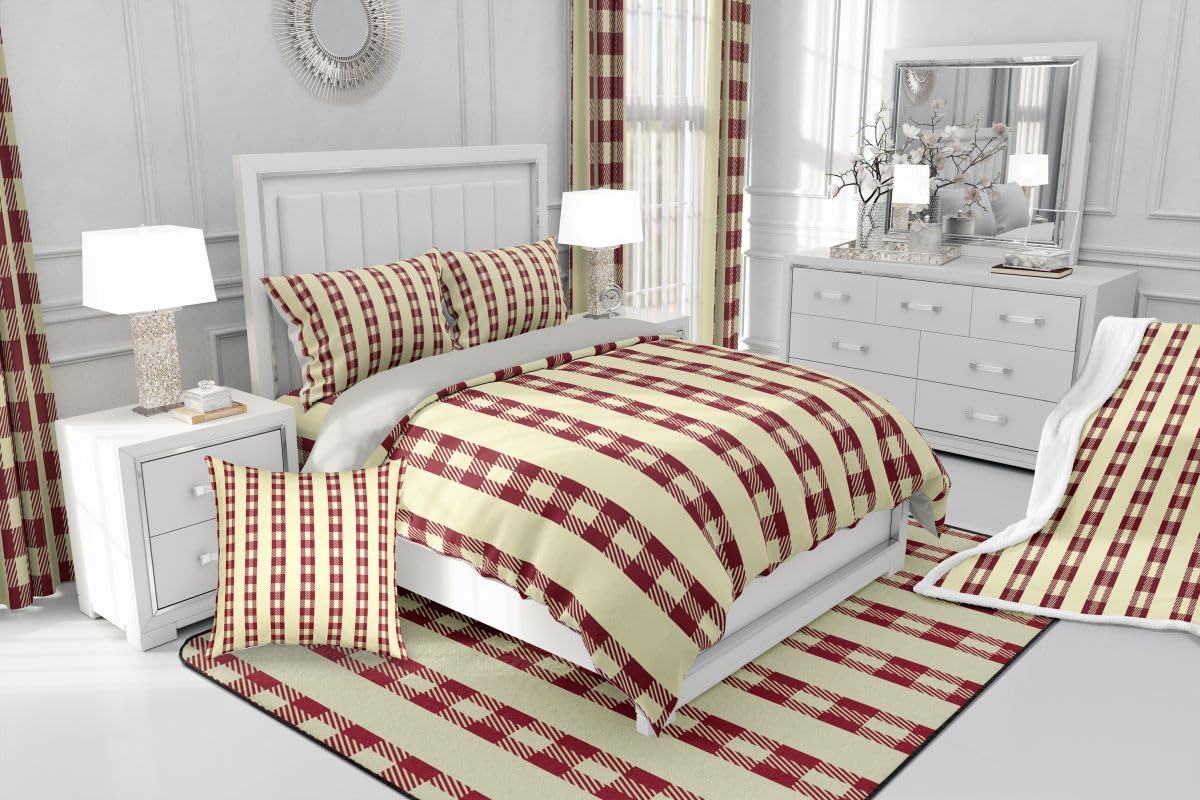 jejeloiu Red Brown Plaid Comforter Set All Season Stripes Bedding Set with 2 Pillow Cases Check Checkered Microfiber Kids Queen Bedclothes Grid Geometric Bedroom Decor Duvet Quilt Breathable Soft