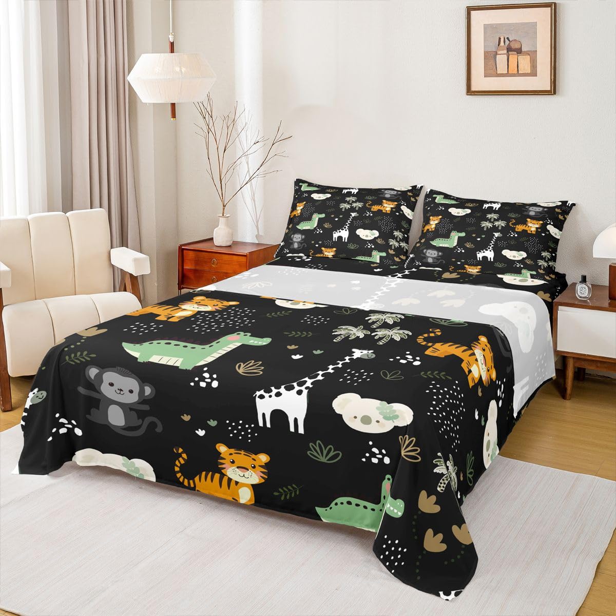 Erosebridal Jungle Animals Sheet Set Full Cartoon Kawaii Bed Sheets for Kids Boys Girls Monkey Giraffe Crocodile Tigers Flat Fitted Sheet Hunting Wildlife Sheets 3 Pcs