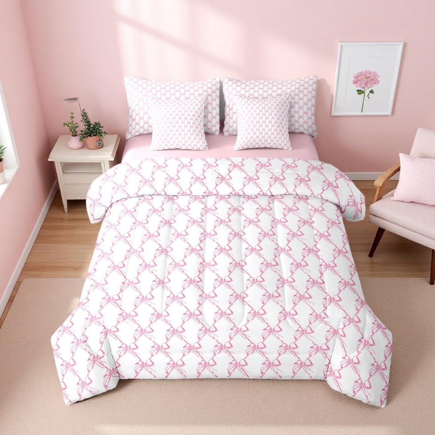 Erosebridal Girls Bowknot 7 Piece Comforter Set King Size | Cute Pink Bow Coquette Bedding Set Girly Bow Tie Comforter Dreamy Princess Style Sheets Butterfly Knot Aesthetic Quilt Room Decor
