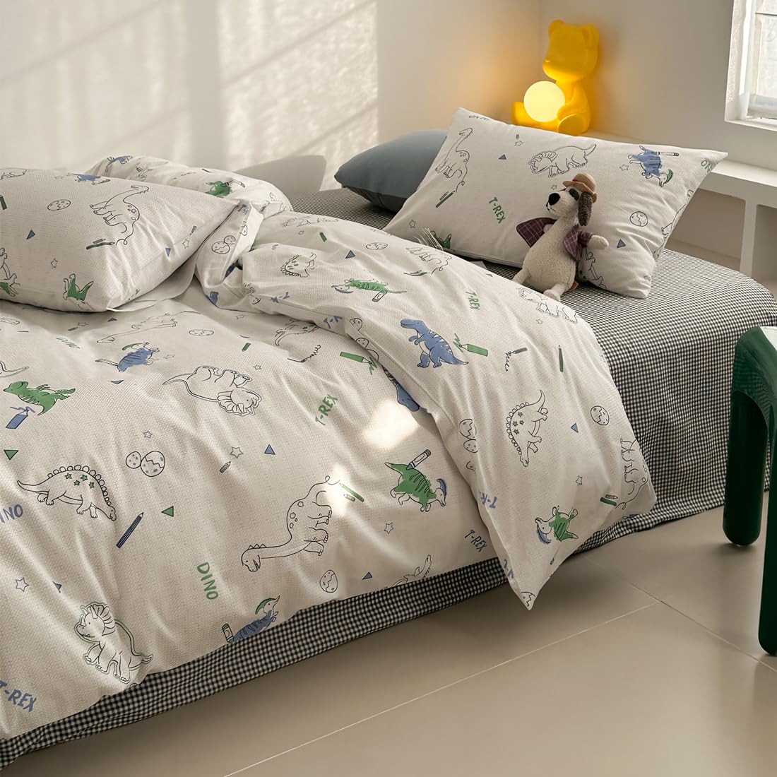 LIWHENHAO Dinosaur Duvet Cover Set Twin 100% Cotton Bedding Cartoon Dino Print on Gray White 1 Kawaii Cute Animal Comforter Cover Zipper Closure 2 Pillowcases for Kids Girls Boys