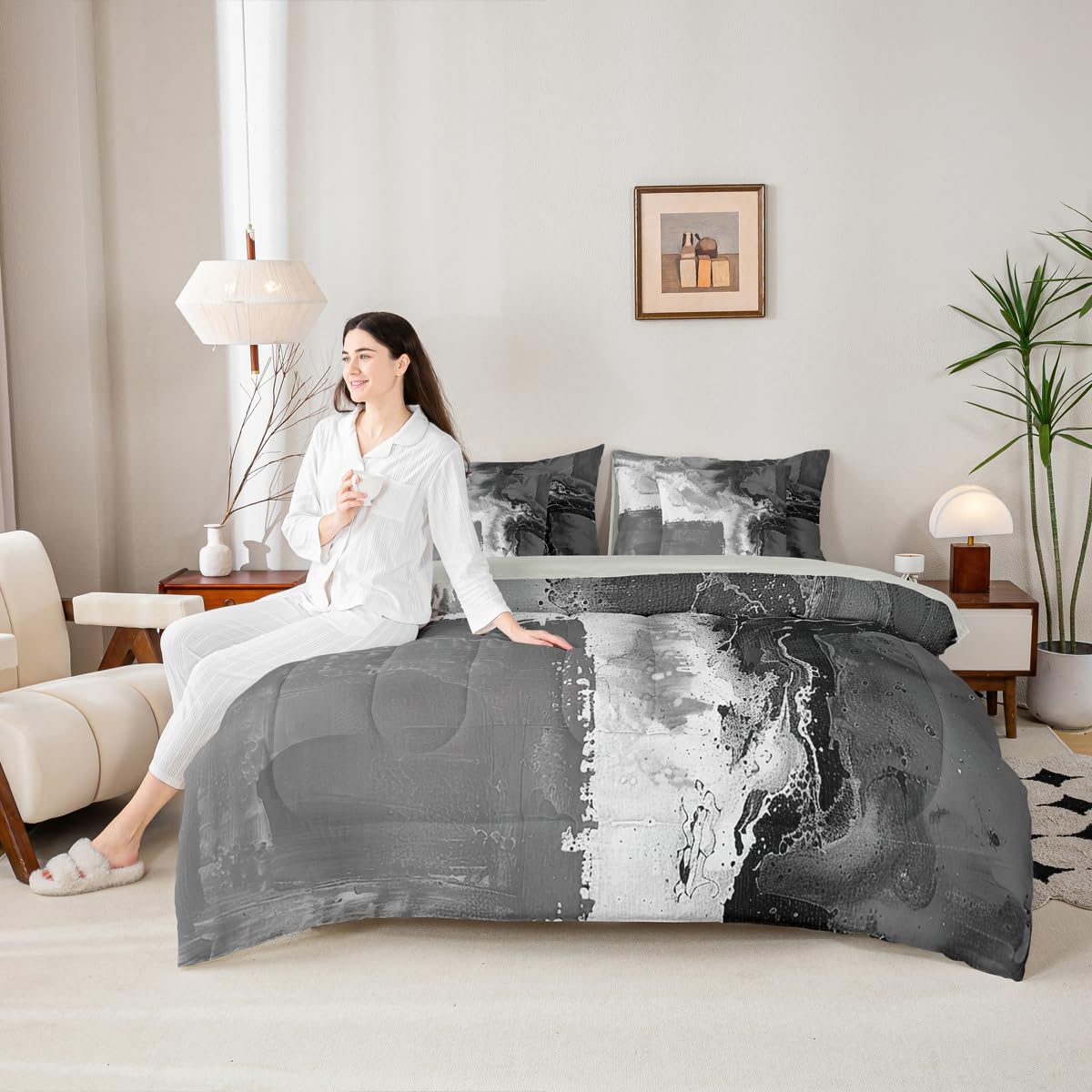 Feelyou Abstract Comforter Set with Sheets 7 Piece King Size Modern Abstract Art Bedding Set for Kids Boys Girls Luxury Bed in a Bag Geometric Room Decor Balck Gray Soft Lightweight Microfiber