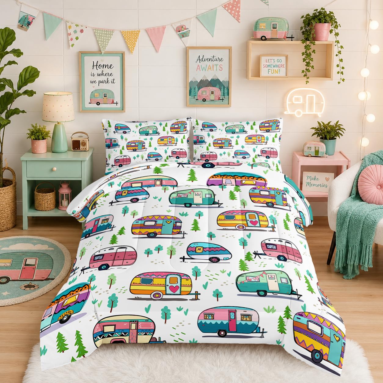 HOSIMA Happy Camping Bedding Queen Comforter Set for Girls Boys,Rustic Farmhouse Camping Trailer Bedding Set,Camping Trailer Forest Printed Comforter Kids Bedding Set with 2 Pillowcases.