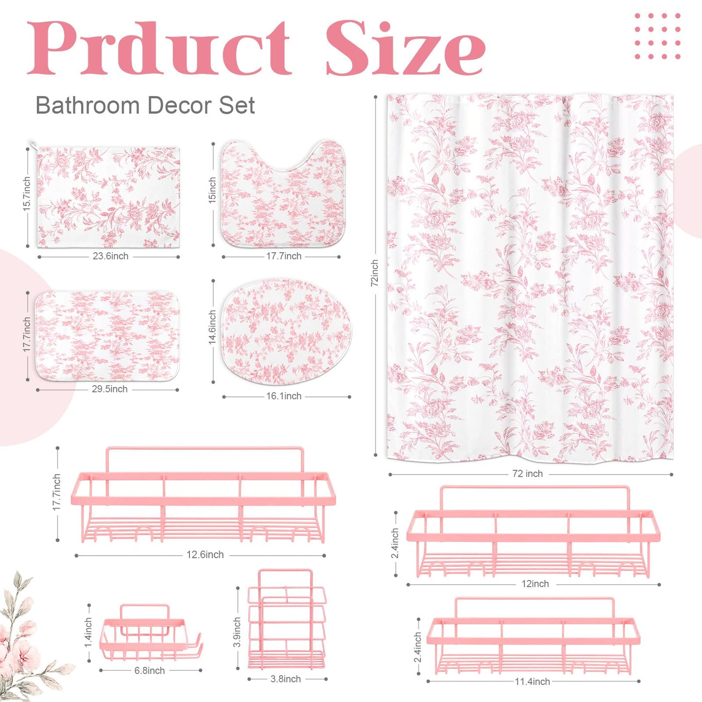CrystalSylara 12 Pcs Pink Floral Bathroom Shower Curtain Set with 72 Inch Cotton Floral Shower Curtain, Non-slip Rug, Toilet Lid Cover, Bath Mat, 3 Towel, 5 Showers Caddy, Hook for Dormitory Apartment