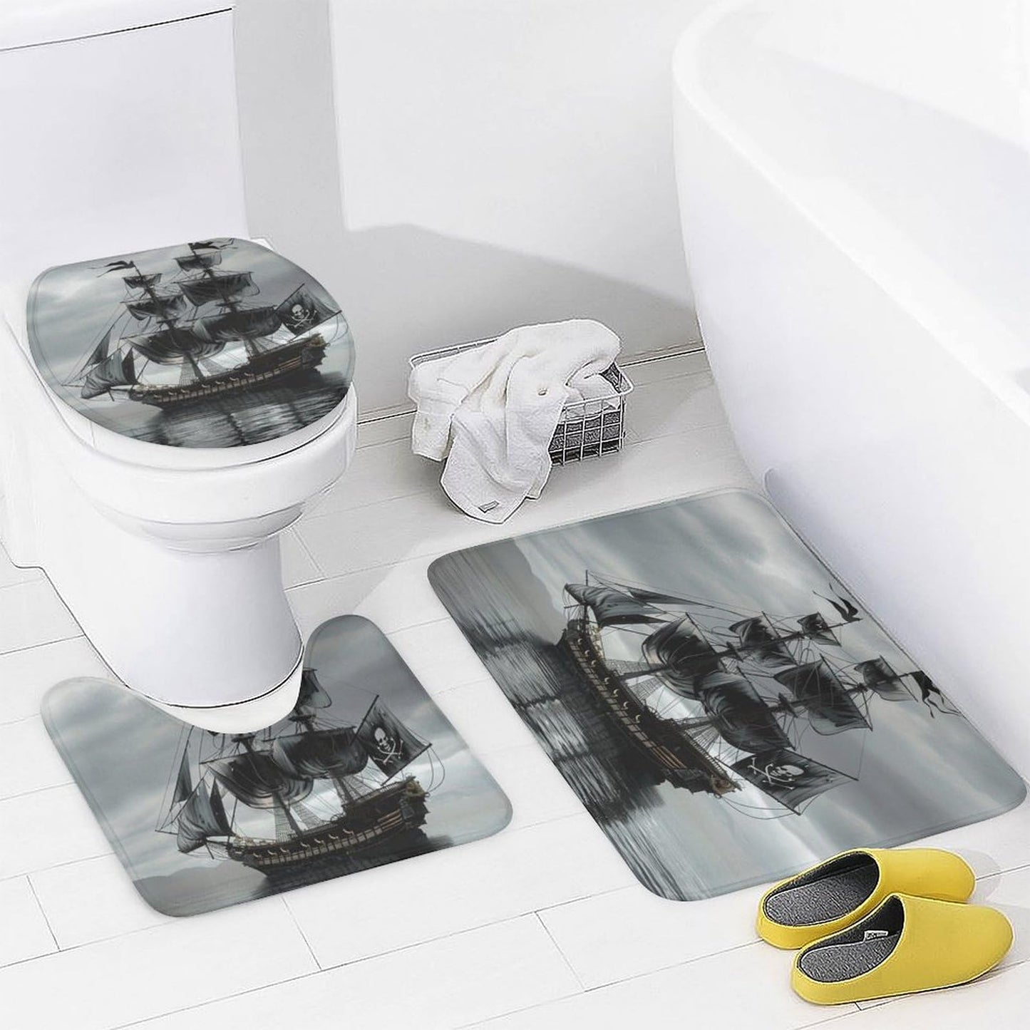 TOWINSFB 4Pcs Pirate Ship Shower Curtain Set with Toilet Lid Cover U-Shaped Mat and Non-Slip Rugs, Nautical Sailboat Ocean Black Shower Curtain Bathroom Decor Set, 72" x 72"