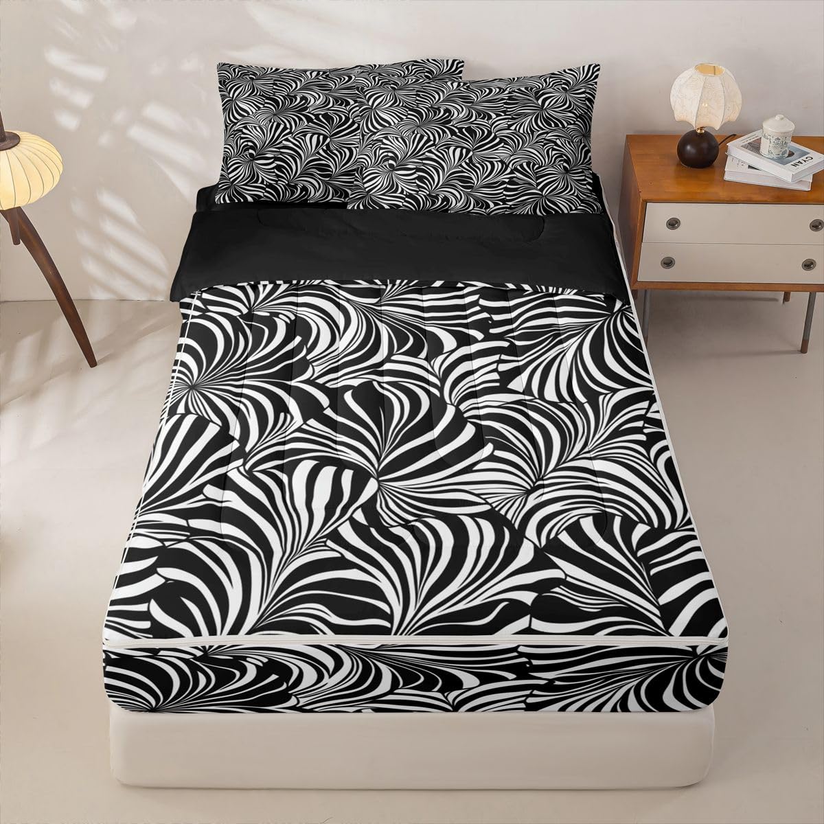 Erosebridal Striped Art Zipper Bedding Abstract Geometric Full Zip Up Comforter Set for Teens Adults White Black Swirl Lines Sheets and Pillowcases Aesthetic Geometric Bedroom Decor