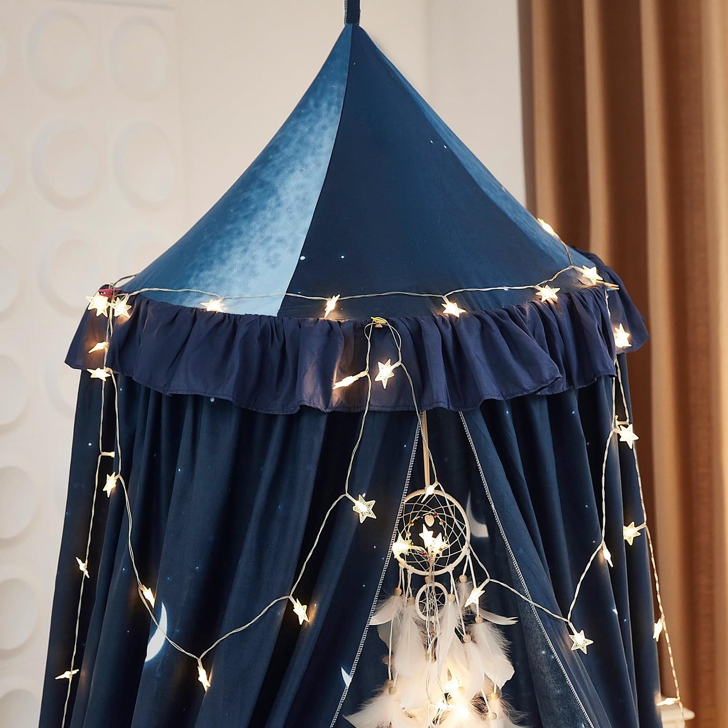 Kertnic Decor Princess Canopy for Girls Bed, Soft Smooth Playing Tent Canopy Room Decoration Castle, Dreamy Mosquito Net Bedding, Reading Nook Canopies in Home (Night Sky-Ruffle)
