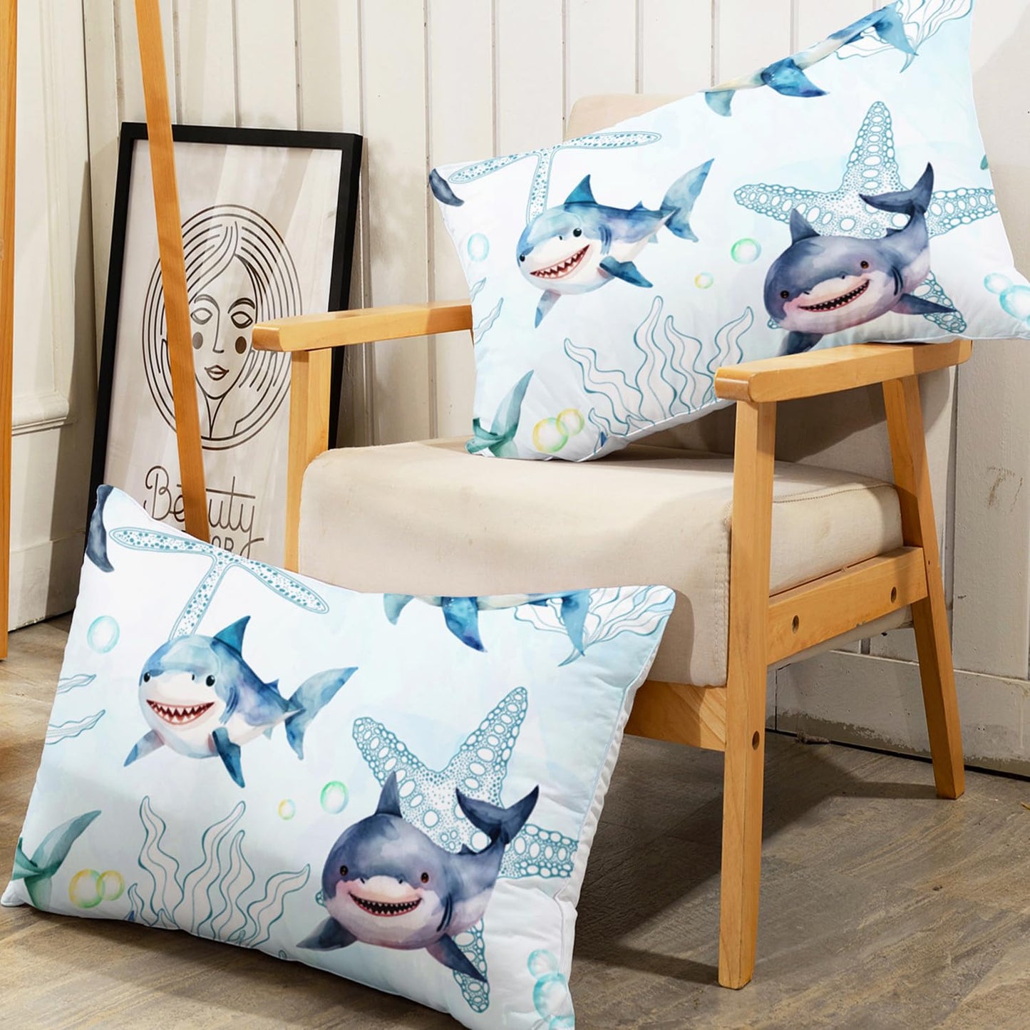 AILONEN Shark Fitted Sheet Set Twin XL Size for Boys Kids - Ocean Blue Starfish Bed Sheet With 2 Pillowcases, 3 Pieces