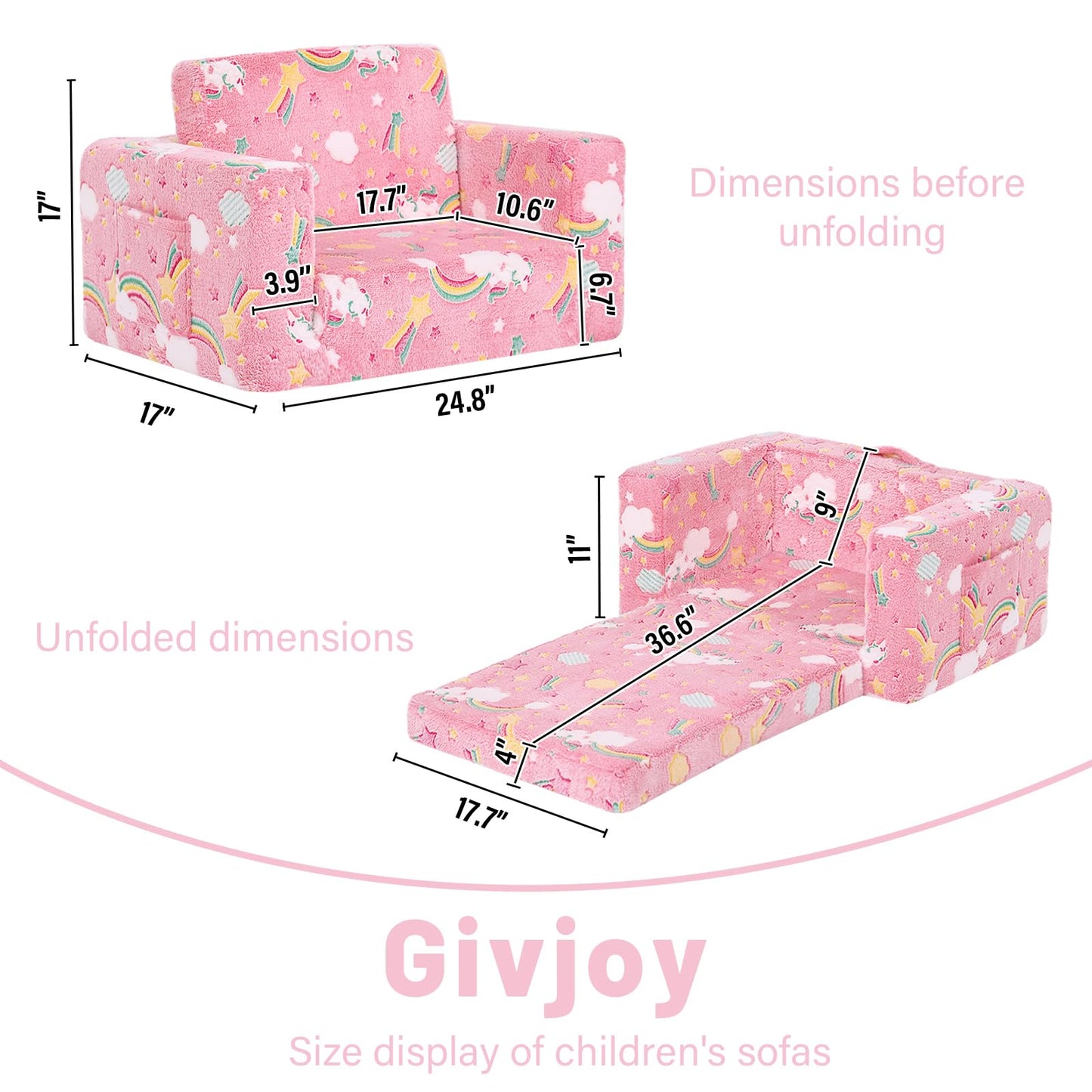 Givjoy Kids Sofa Toddler Chair, Children Couch with Side Pockets 2 in 1 Glow in Dark Armchair with Removable and Washable Cover Carrying Handle Kids Reading Sofa for Playroom, Pink Rainbow