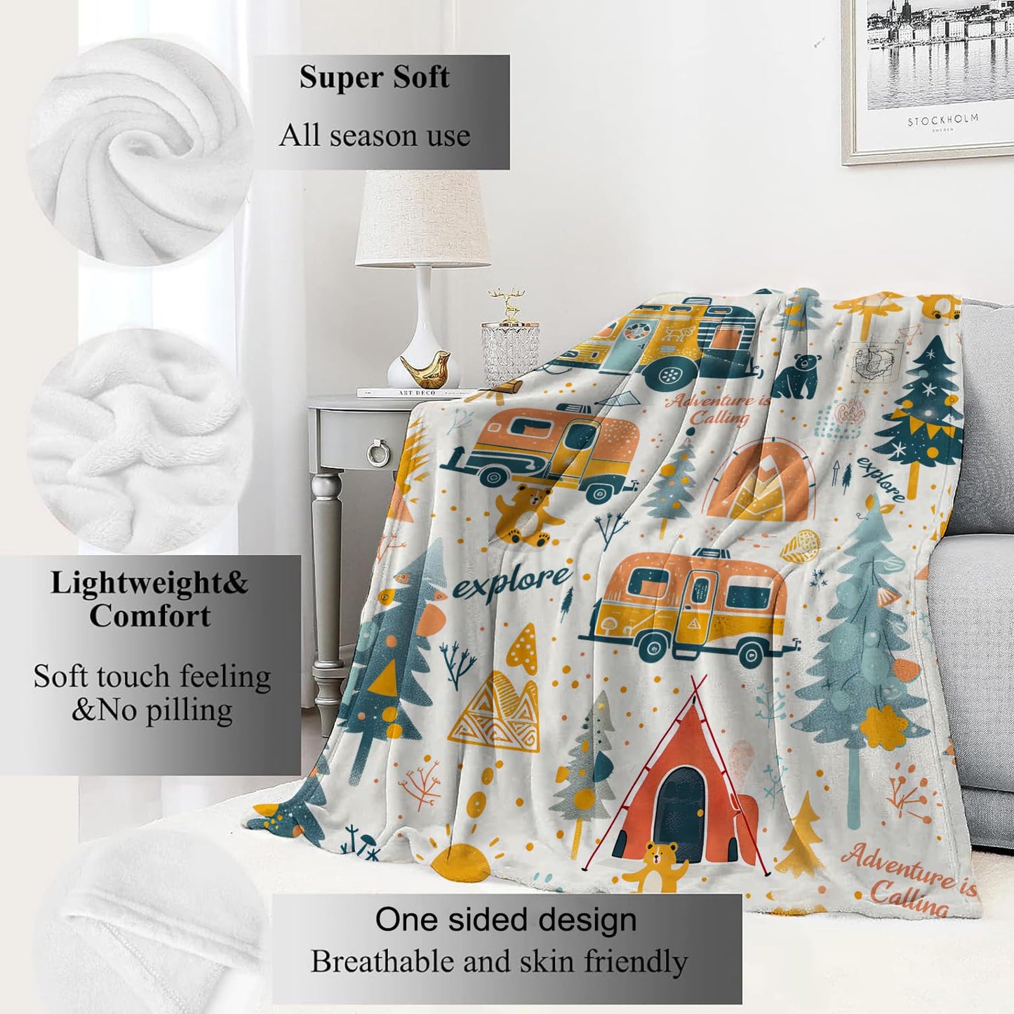 VODRM Adventure Camping Blanket Outdoor Camper Picnic Throw Blankets Gifts for Girls Adults Lightweight Soft Fleece Cozy for Sofa Couch Bed Room Travel Birthday Party Decor 50x60in