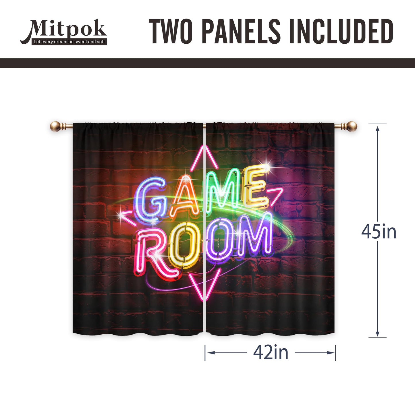 Mitpok Kids Game Room Gaming Curtains for Boys Bedroom 42Wx45H Inch Rod Pocket Neon Gamer Funny Video Game Cool Fun Teens Boy Modern Unique 2 Panels Window Treatment Set for Living Room Decor