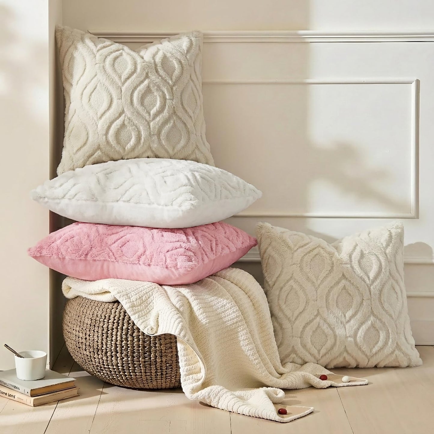 decorUhome Throw Pillow Covers 18x18 Inch Set of 2, Soft Plush Faux Wool Beige Solid Couch Pillow Covers, Accent Farmhouse Neutral Square Pillow Cases for Sofa Bed Living Room
