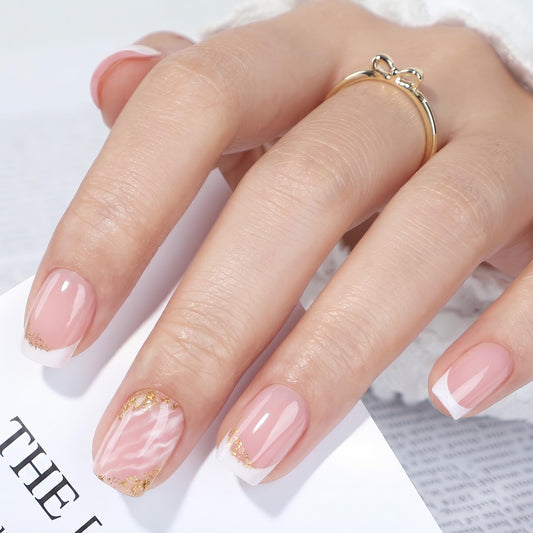 UNA GELLA French Tip Press on Nails Short Square - 32Pcs 16 Sizes Soft Gel Fake Nails Marble Design, Reusable Stick on Nails for Women Manicure Daily Wear Nude Pink
